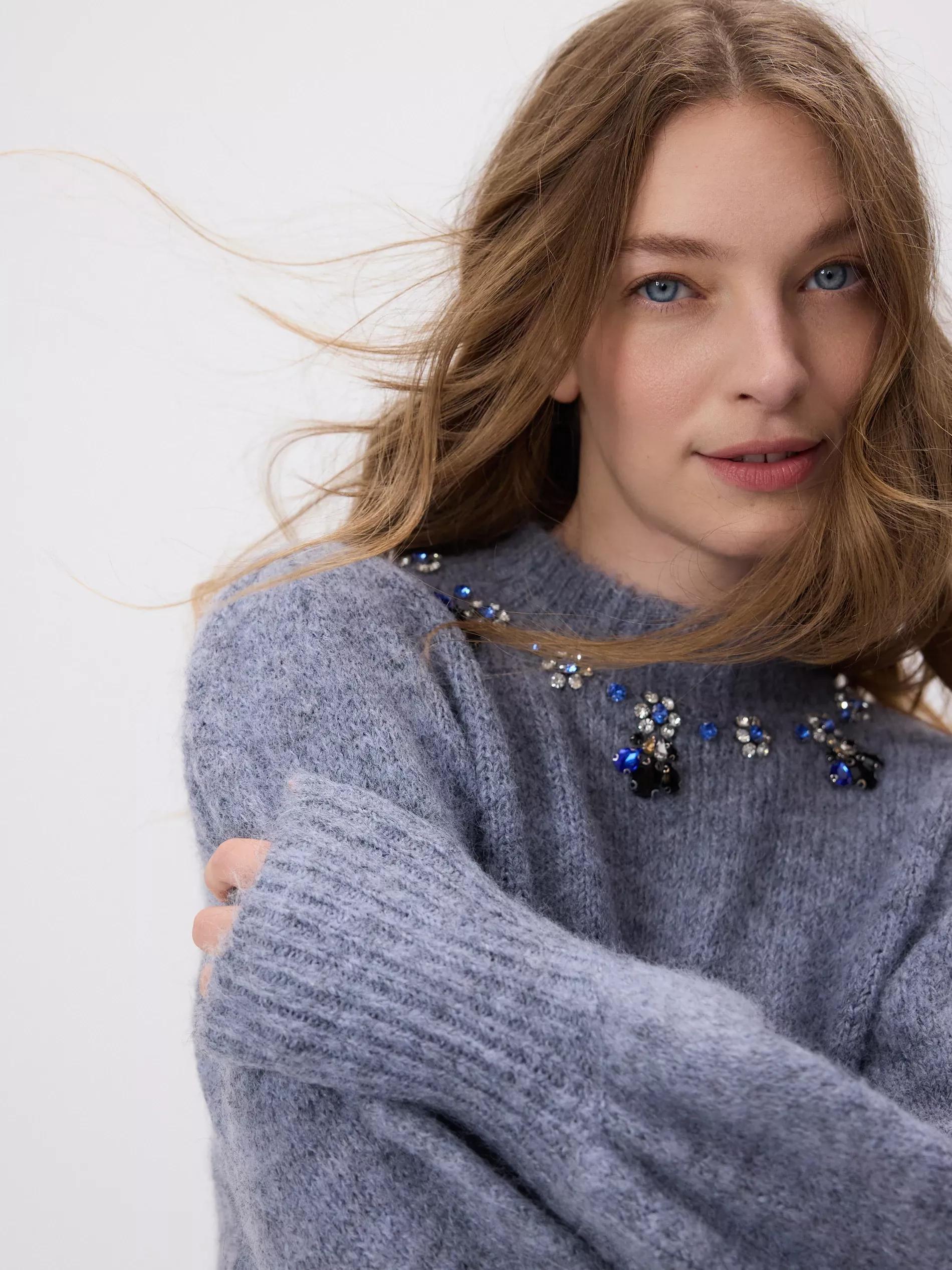 Navy Jumper With Jewellery Appliqu&oslash;&pound;&Acirc;&copy;, Blue, large image number 2