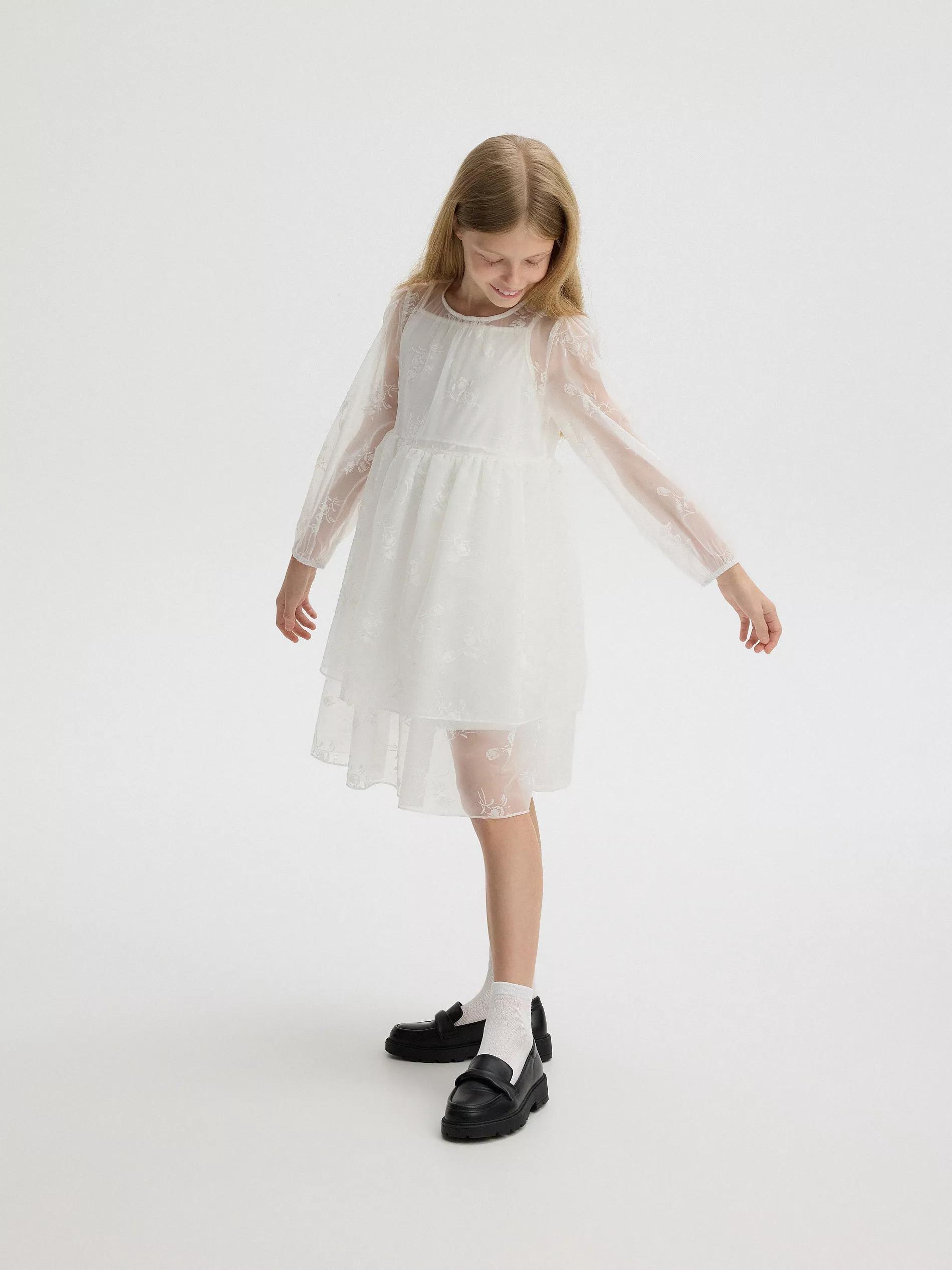 Cream Two-Layered Dress, Kids Girls, , large image number 0