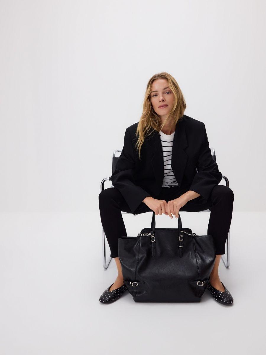 Black Shopper Bag With Buckles, Black, large image number 0