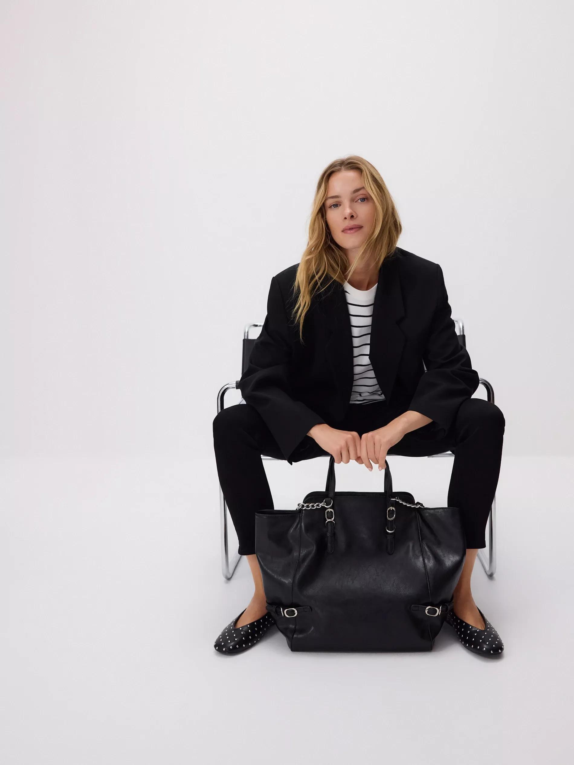 Black Shopper Bag With Buckles, Black, large image number 0