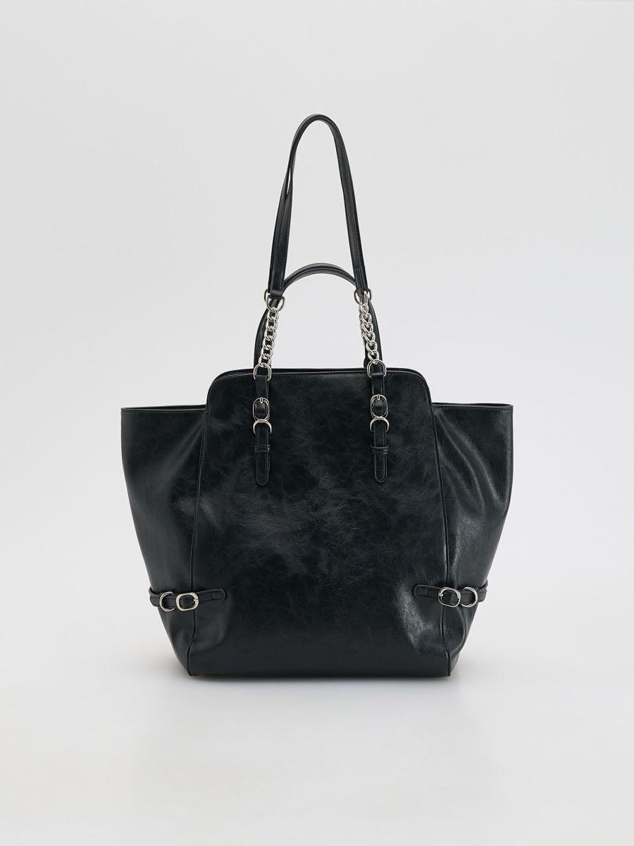 Black Shopper Bag With Buckles, Black, large image number 1