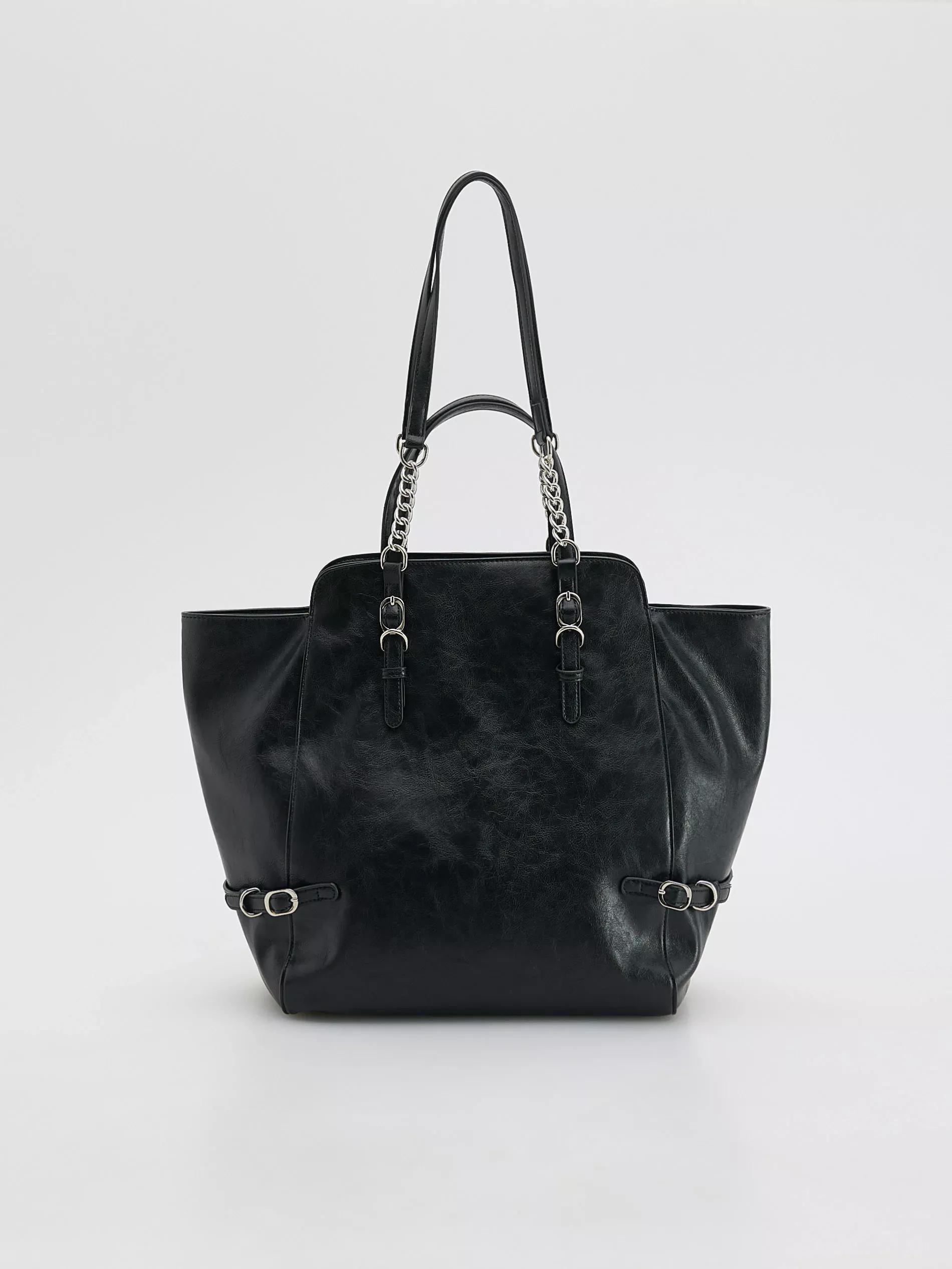 Black Shopper Bag With Buckles, Black, large image number 1