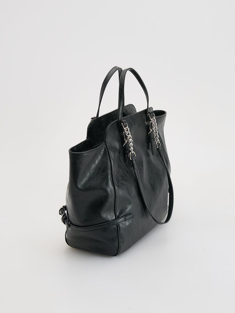 Black Shopper Bag With Buckles, Black, large image number 2