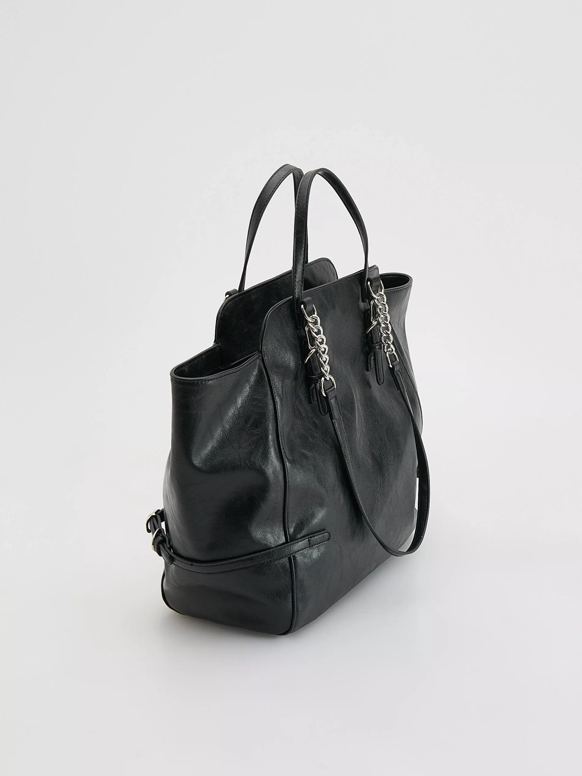 Black Shopper Bag With Buckles, Black, large image number 2