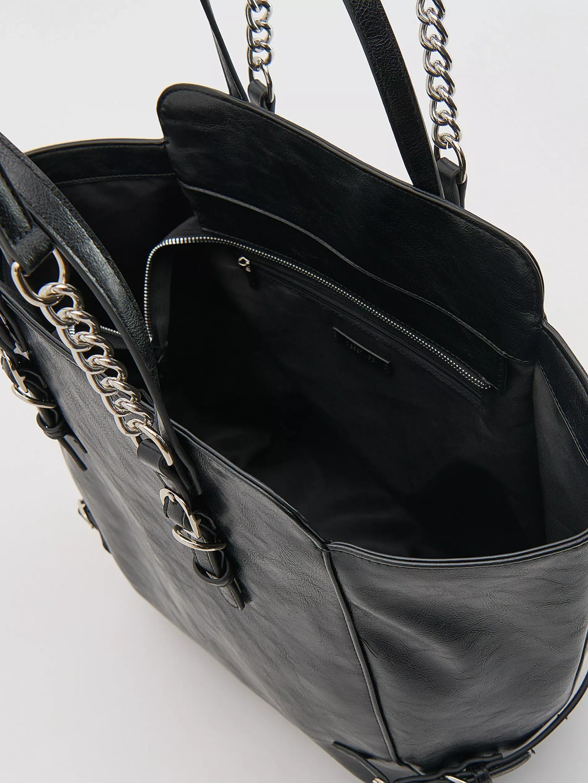 Black Shopper Bag With Buckles, Black, large image number 3