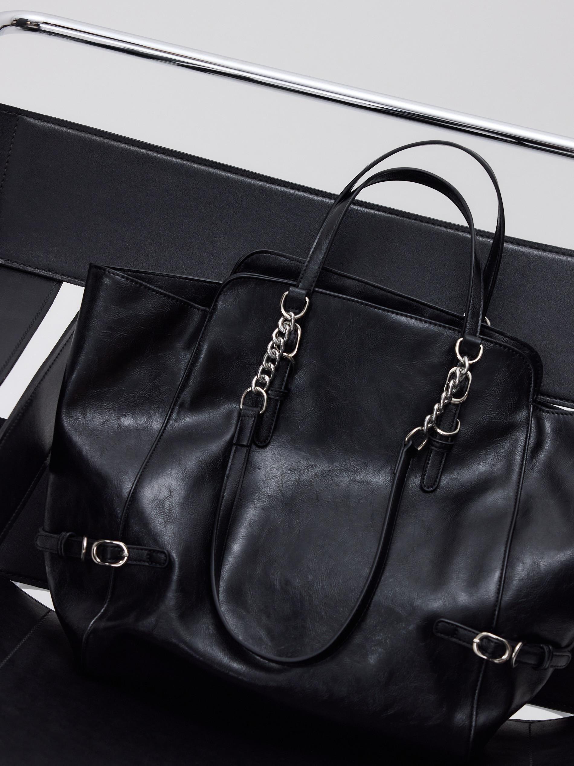 Black Shopper Bag With Buckles, Black, large image number 4