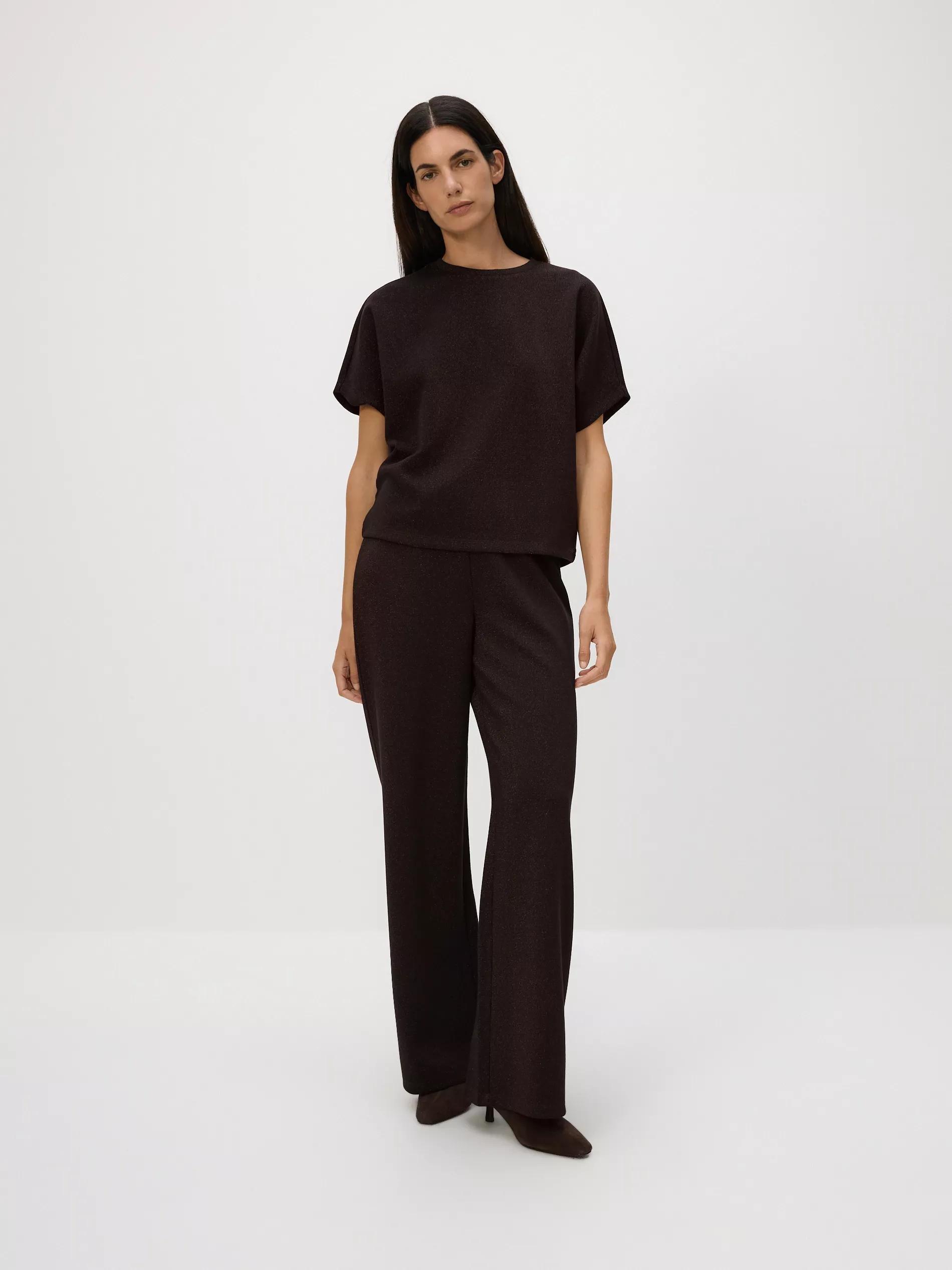 Brown Wide Leg Trousers With Metallised Yarn Blend, Brown, medium