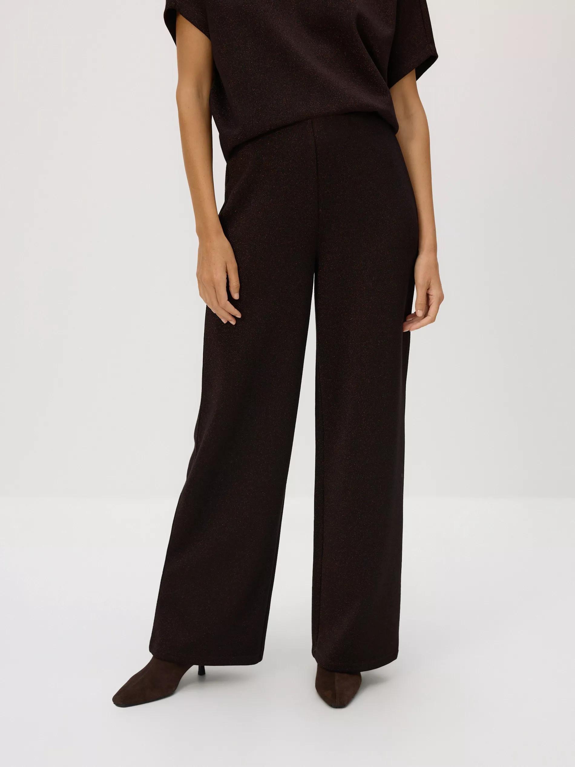 Brown Wide Leg Trousers With Metallised Yarn Blend, Brown, medium