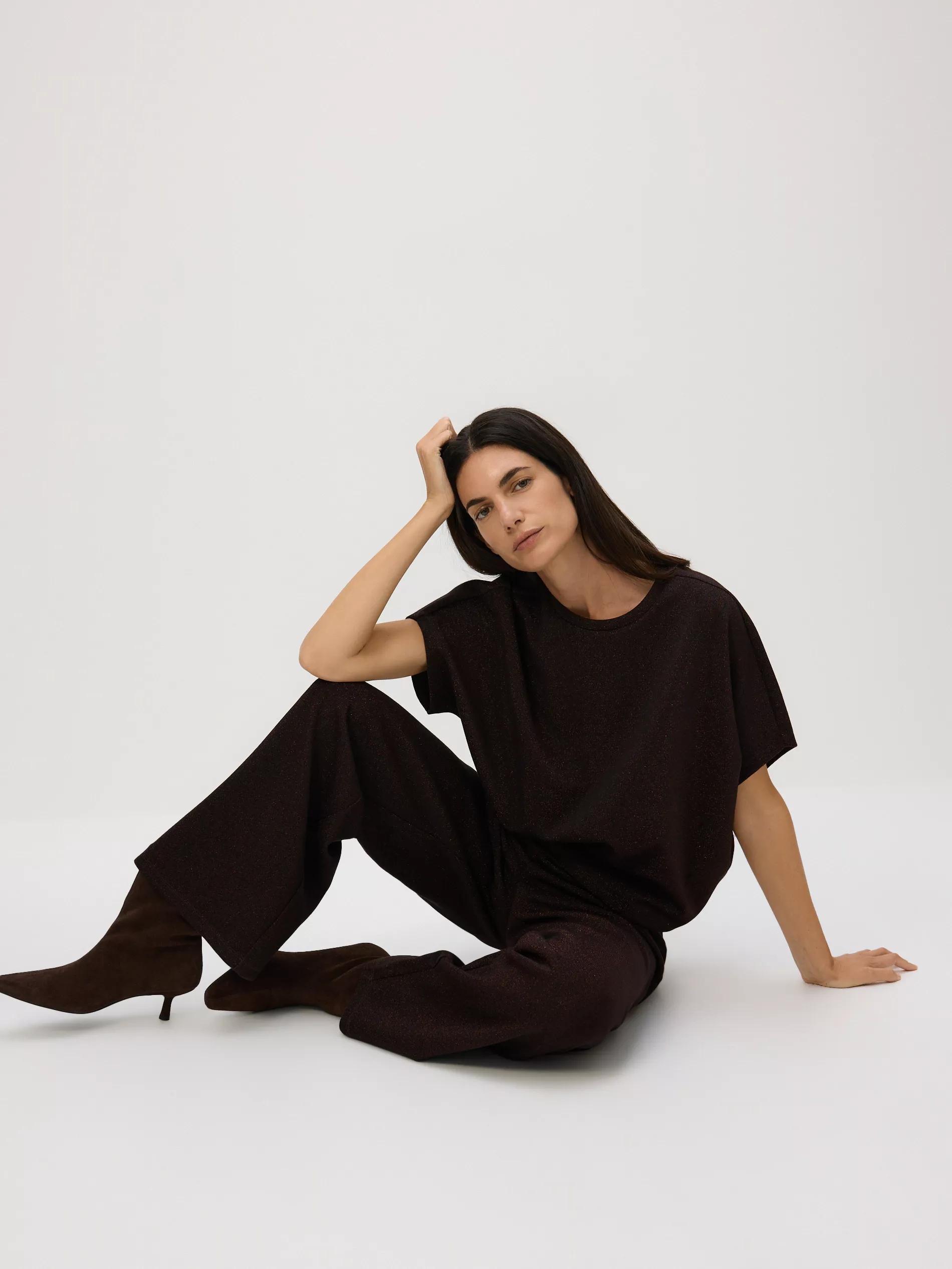 Brown Wide Leg Trousers With Metallised Yarn Blend, Brown, large image number 5