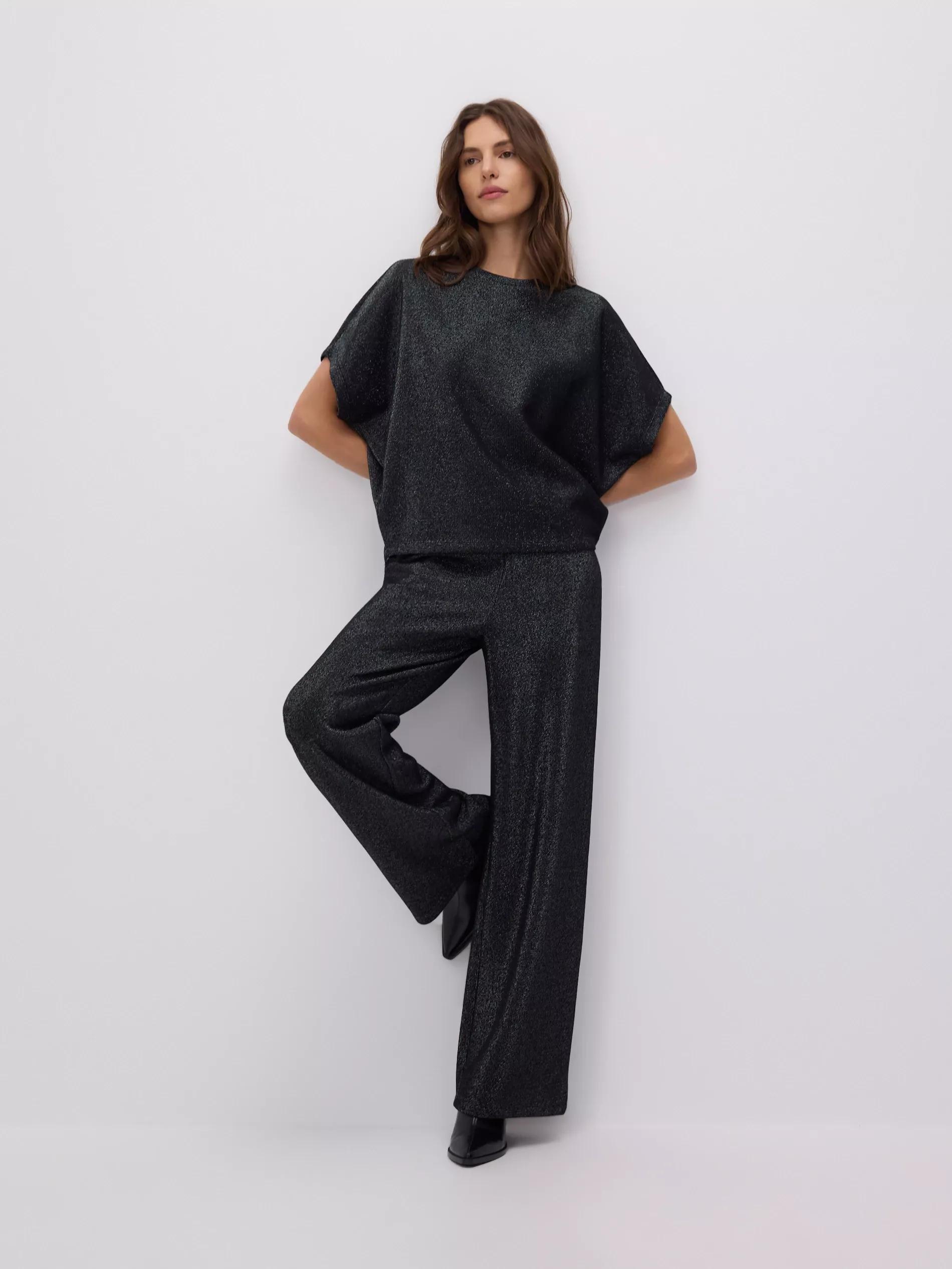 Black Wide Leg Trousers With Metallised Yarn Blend, Black, large image number 0