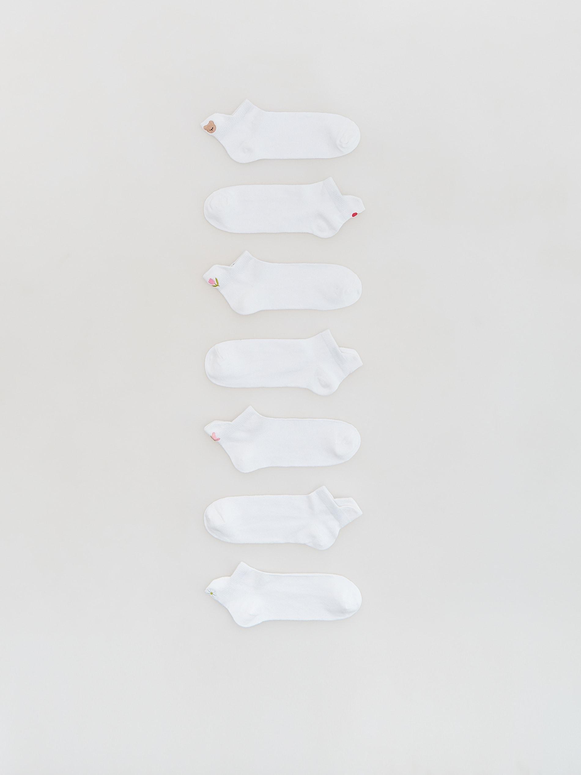 White 7-Pack Embroidered Socks, White, medium