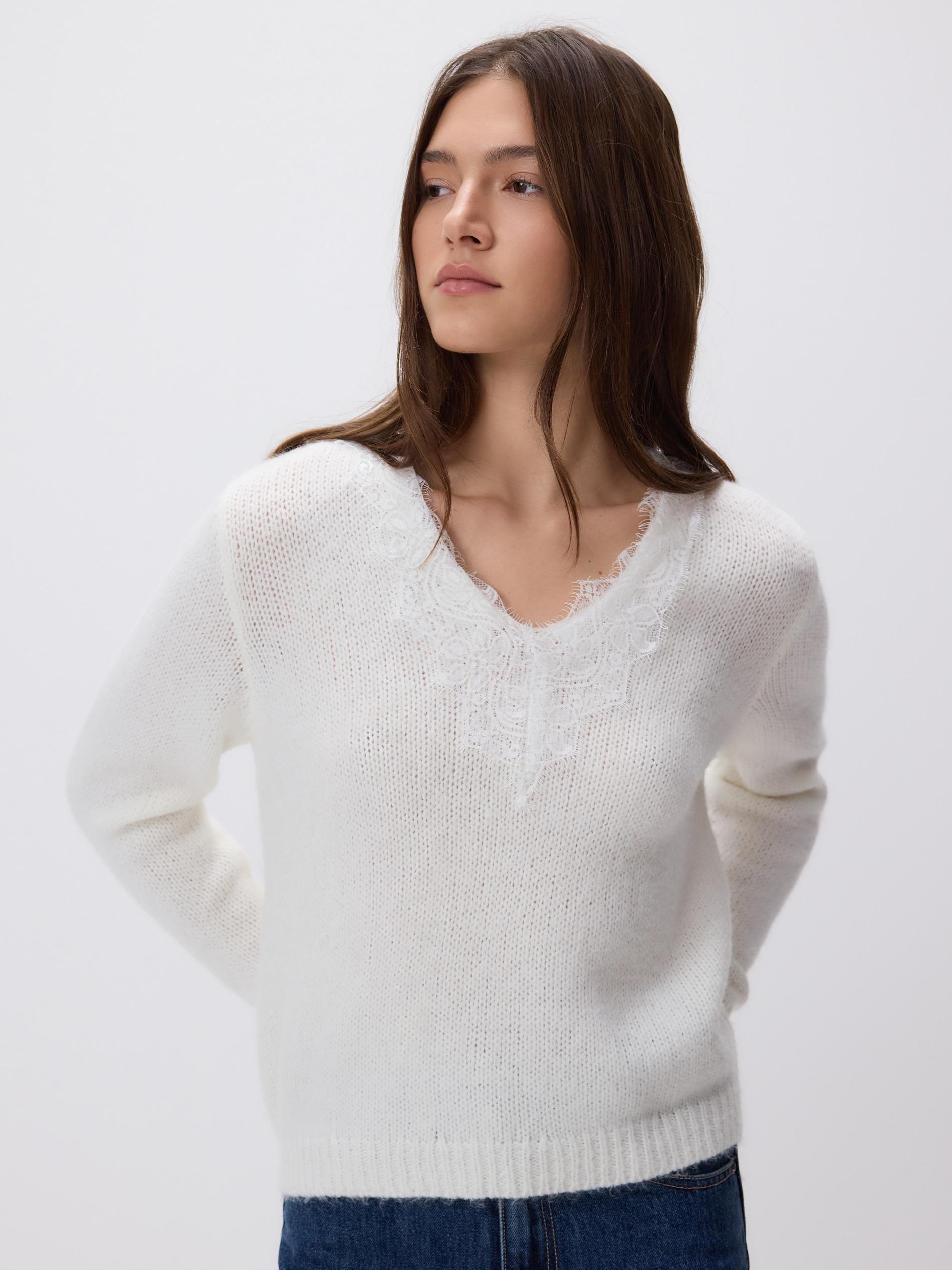 Beige Jumper With Lace Neckline Detail, Ivory, large image number 0