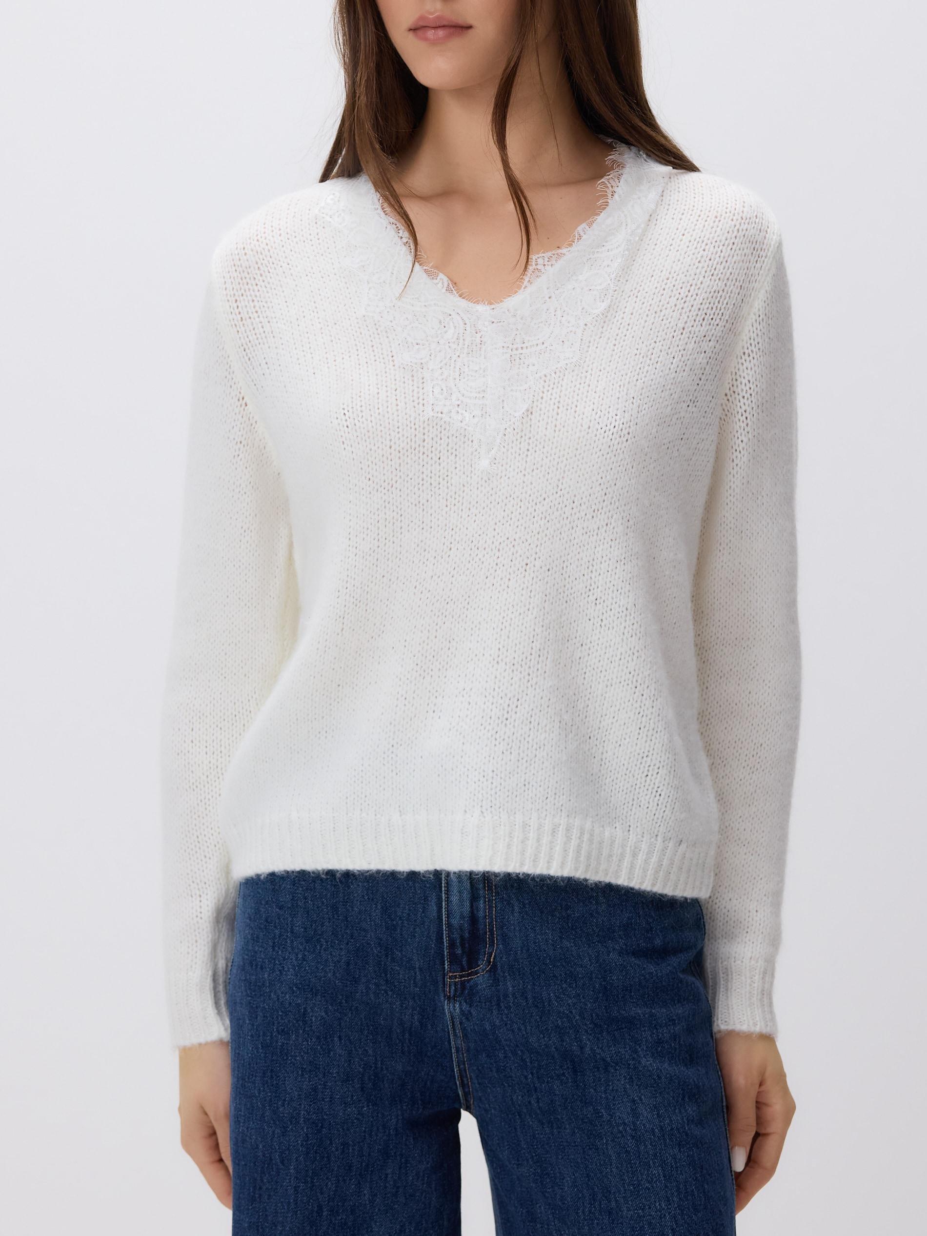 Beige Jumper With Lace Neckline Detail, Ivory, large image number 2