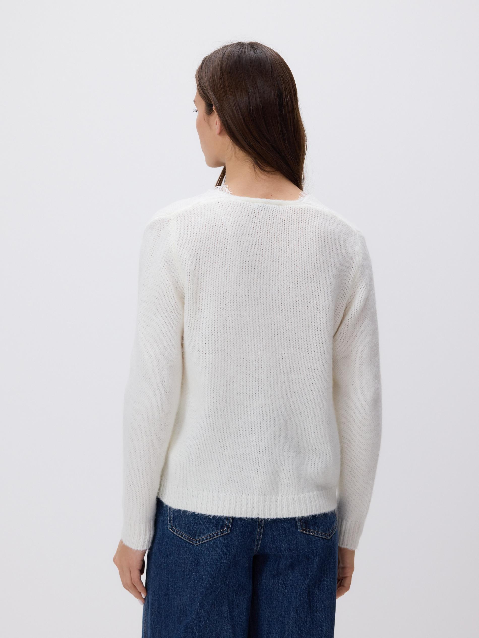 Beige Jumper With Lace Neckline Detail, Ivory, large image number 3