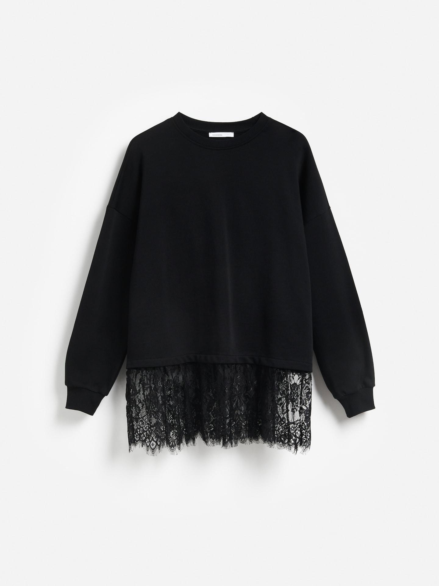 Black Cotton Sweatshirt With Lace, Black, medium
