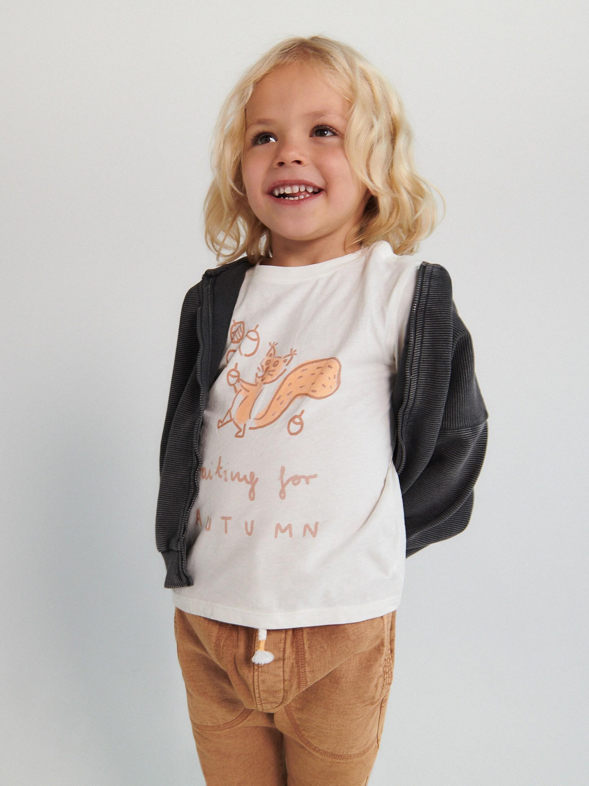 Cream Printed Cotton Long Sleeve T-Shirt, Kids Boys, , large image number 0