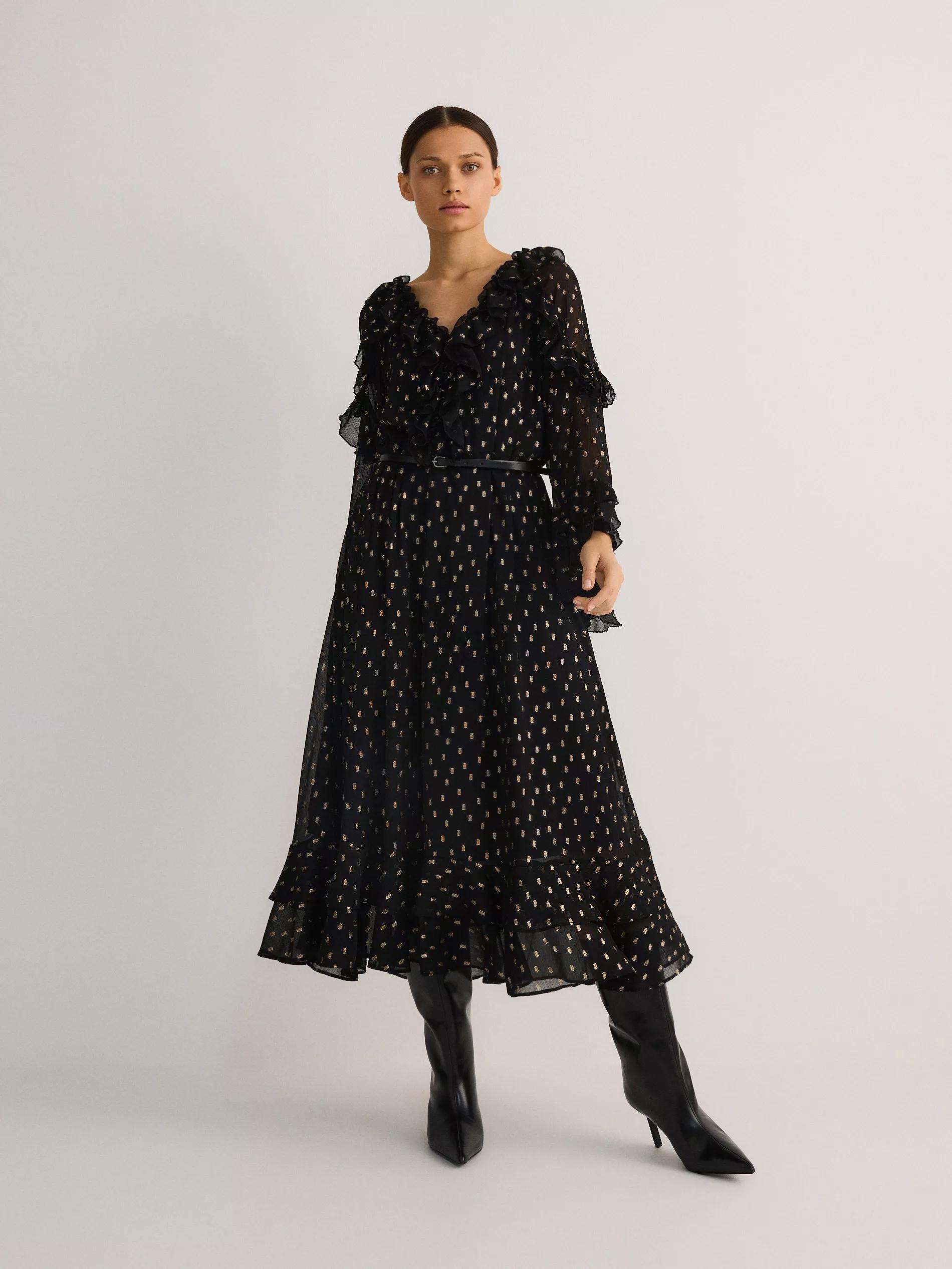 Black Belted V-Neck Dress, , large image number 0