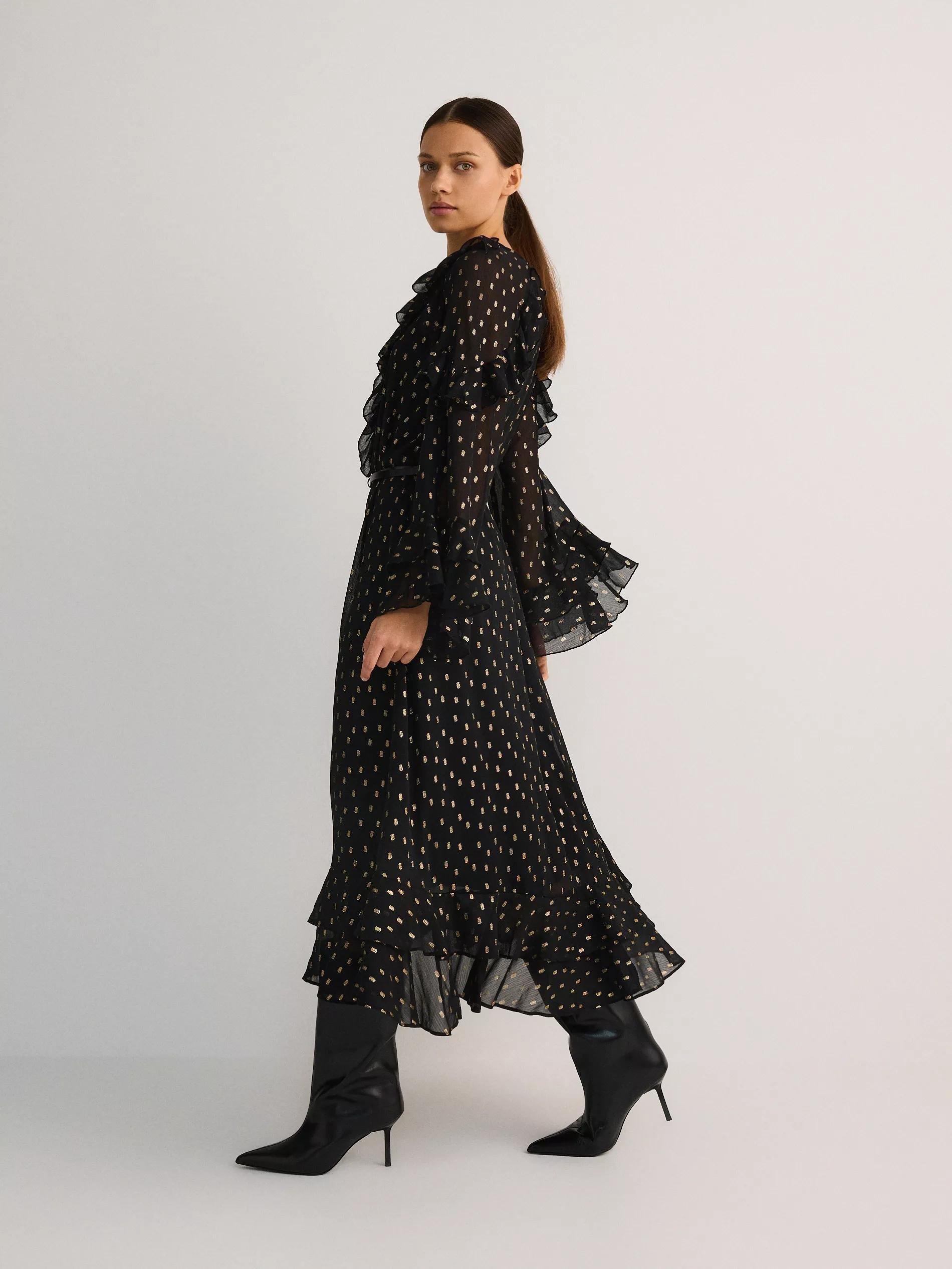 Black Belted V-Neck Dress, , large image number 1