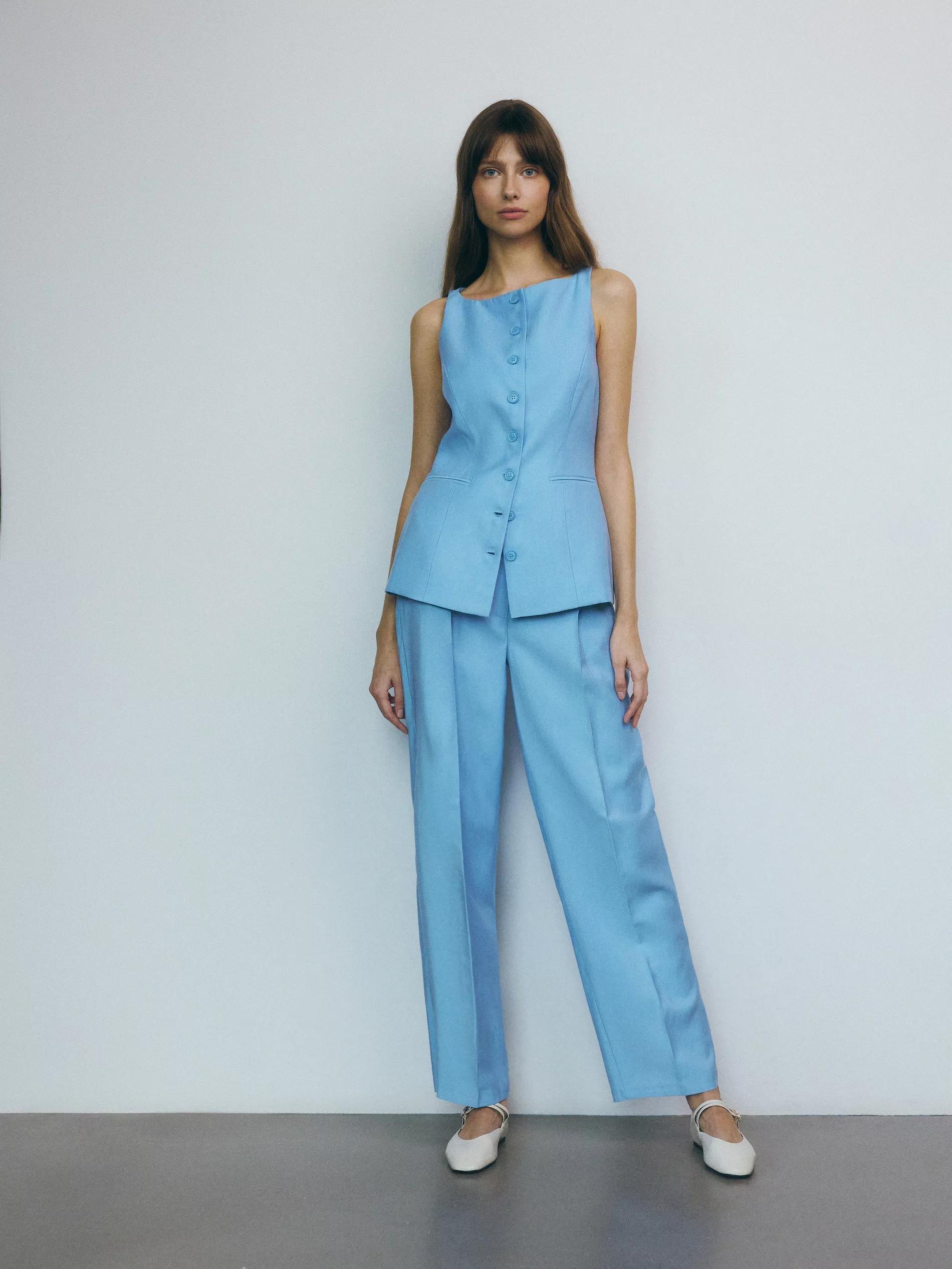 Blue Pleated Wide Leg Trousers, , large image number 0