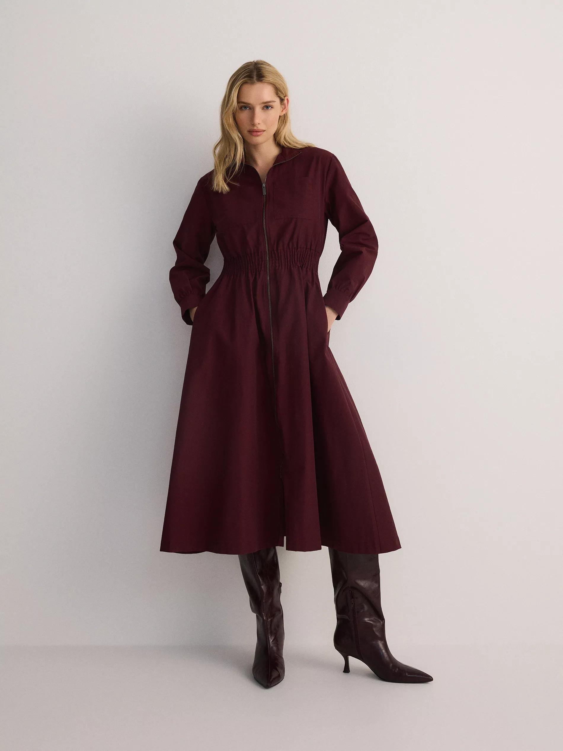 Red Long Sleeve High Neck Midi Dress, , large image number 0
