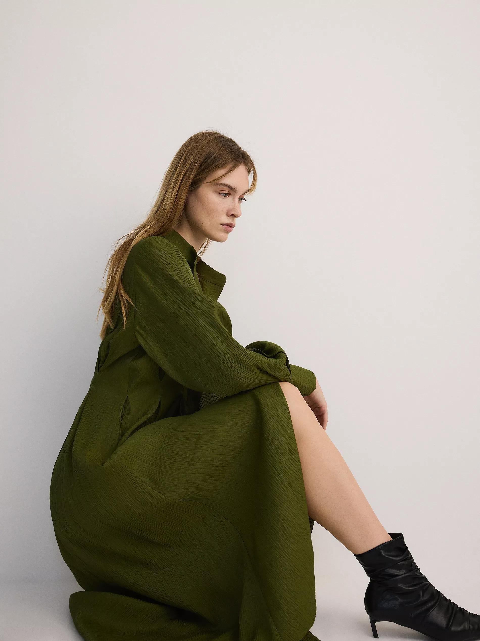 Green V-Neck Long Sleeve Maxi Dress, , large image number 6