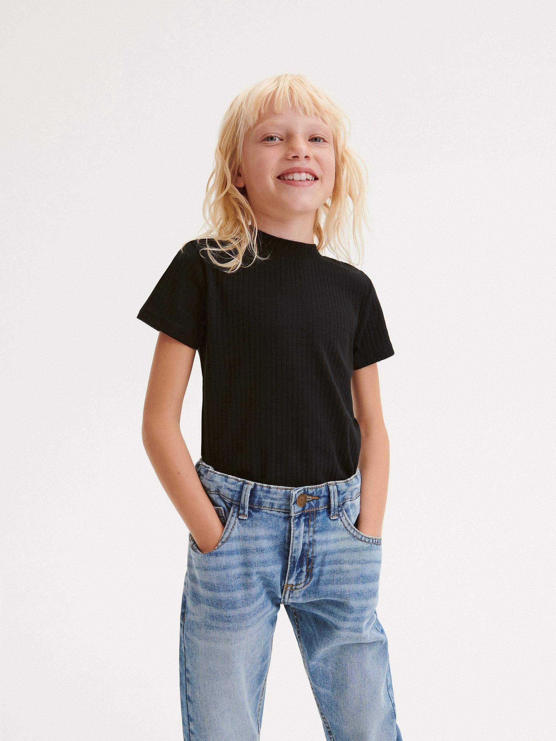Black Rib Knit T-Shirt, Kids Girls, , large image number 0