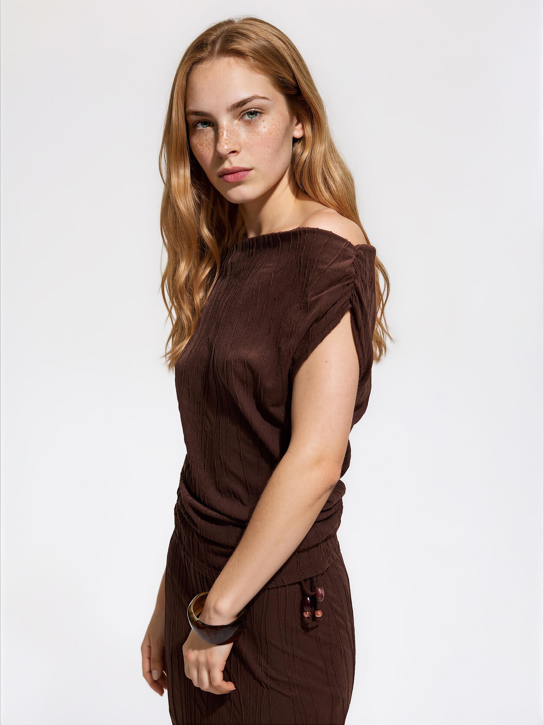 Brown Structural Viscose Blend Blouse, Brown, medium