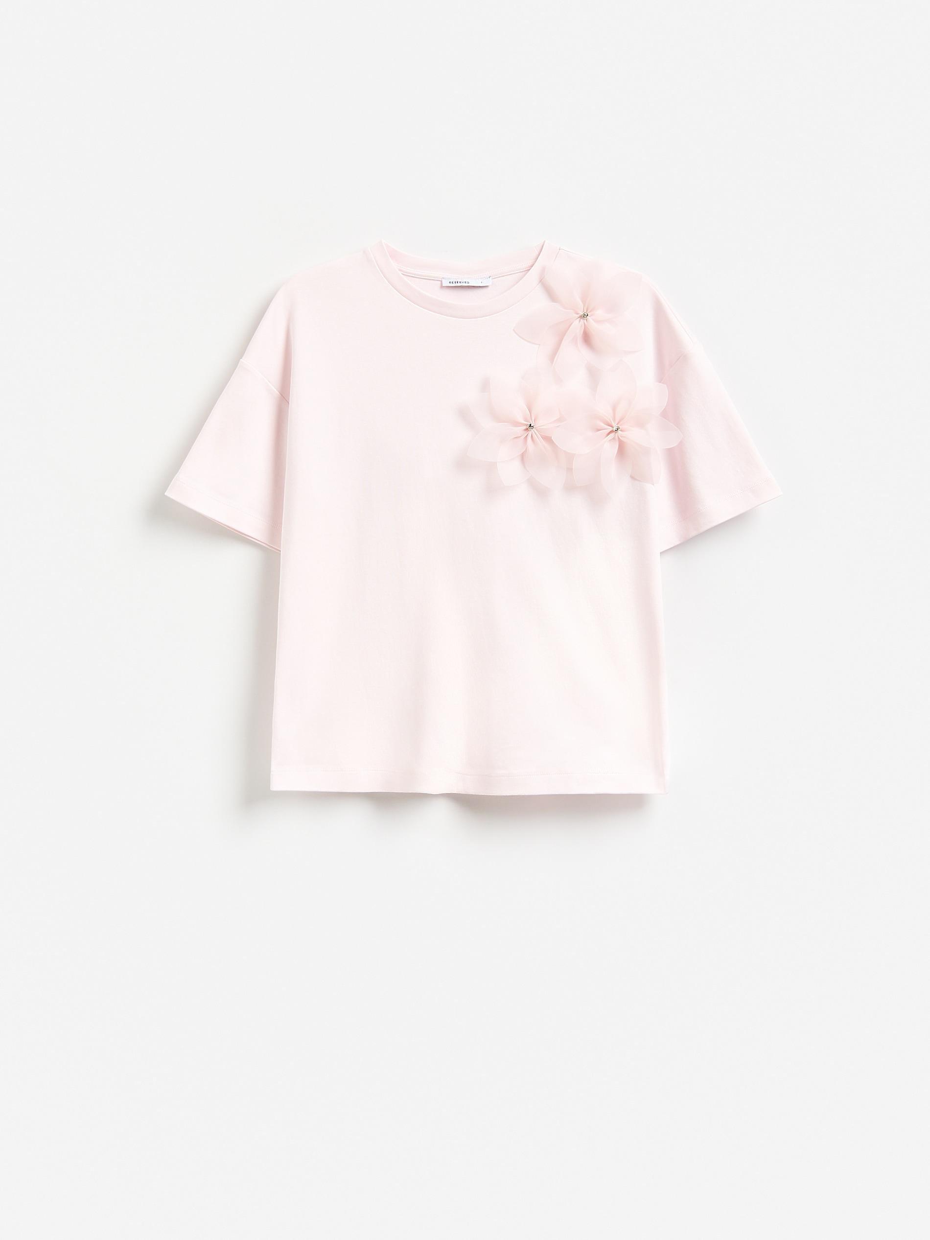 Pink T-Shirt With Flower Applique, Pink, medium