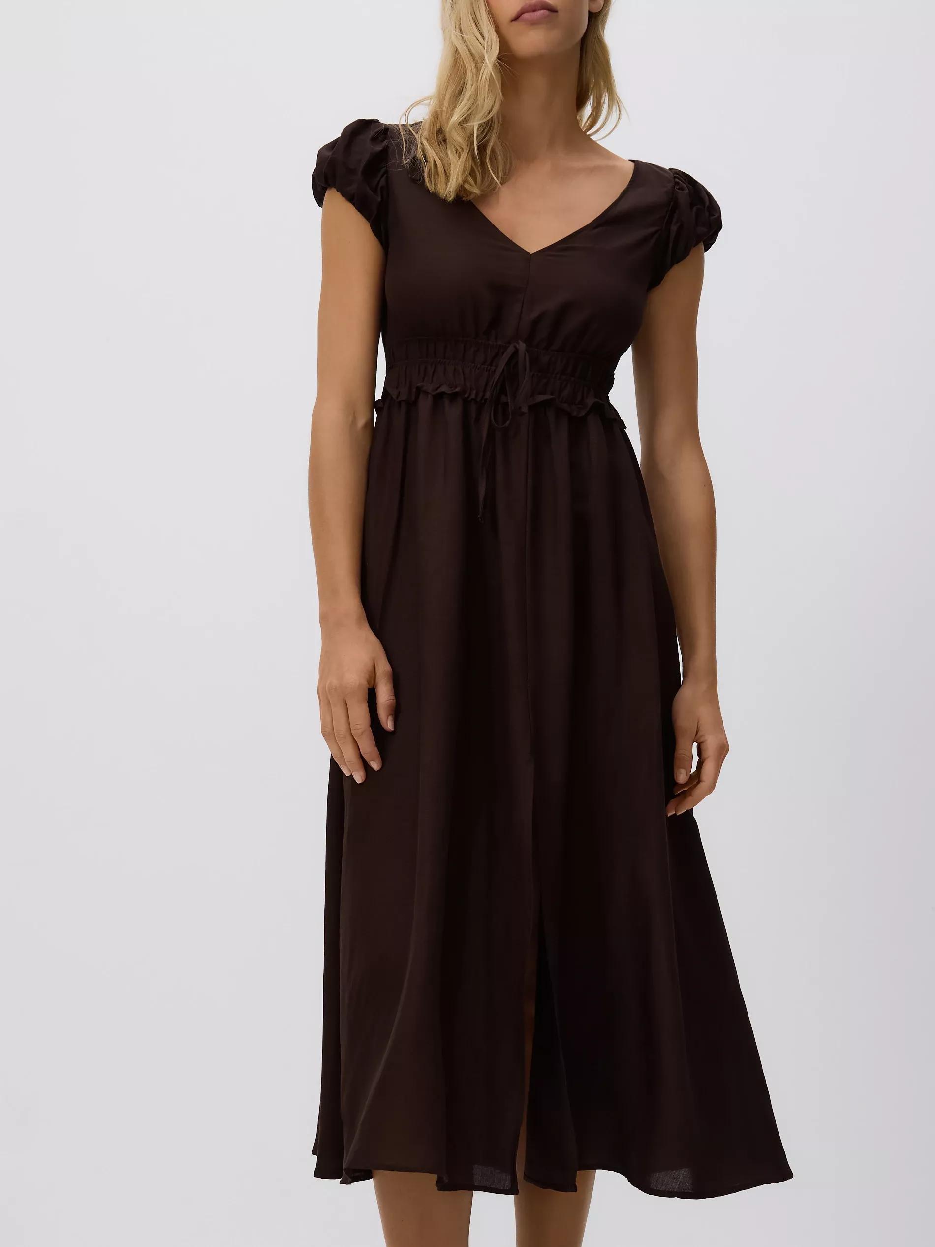 Brown Linen Blend Midi Dress, Brown, medium