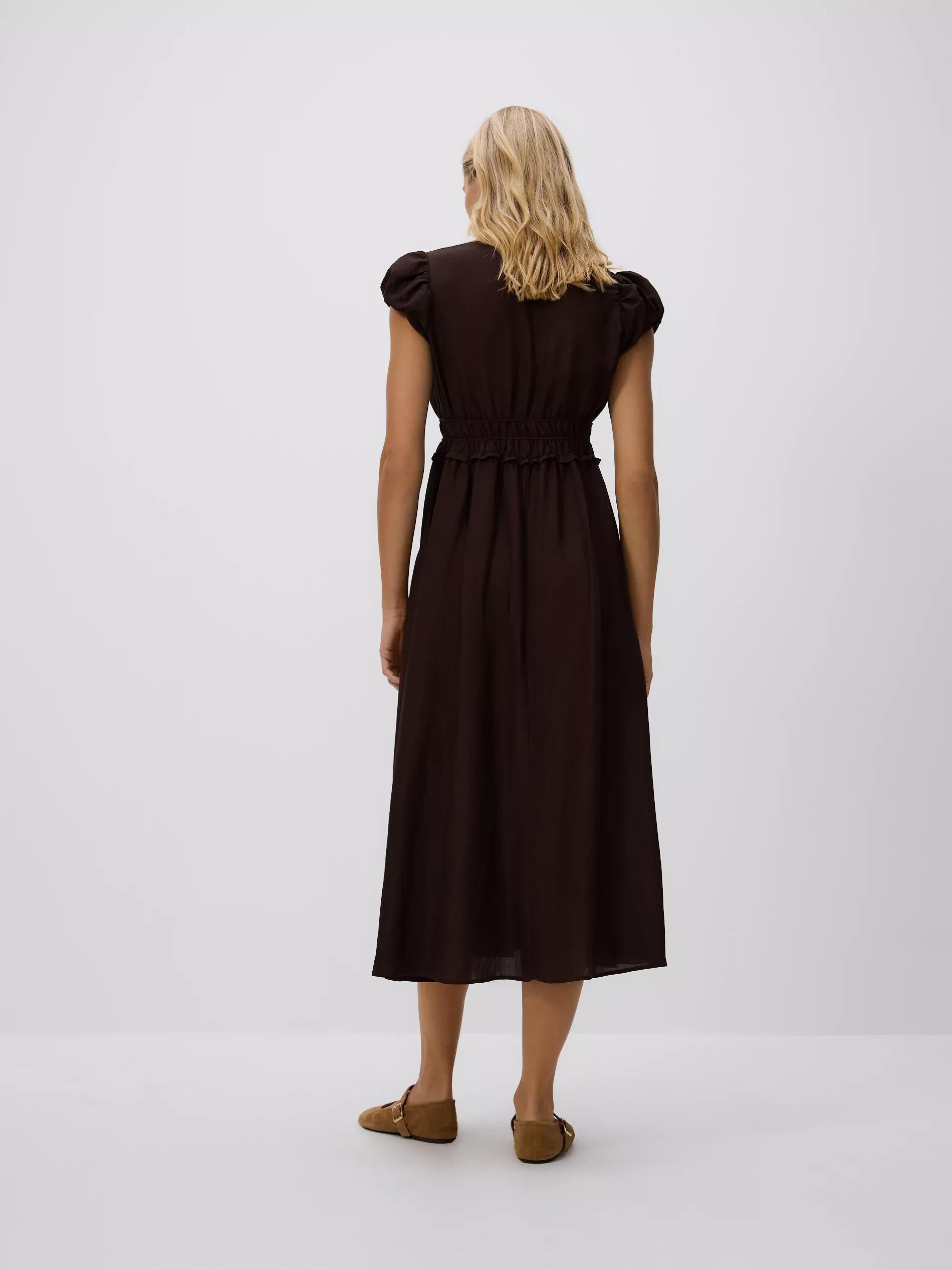 Brown Linen Blend Midi Dress, Brown, medium