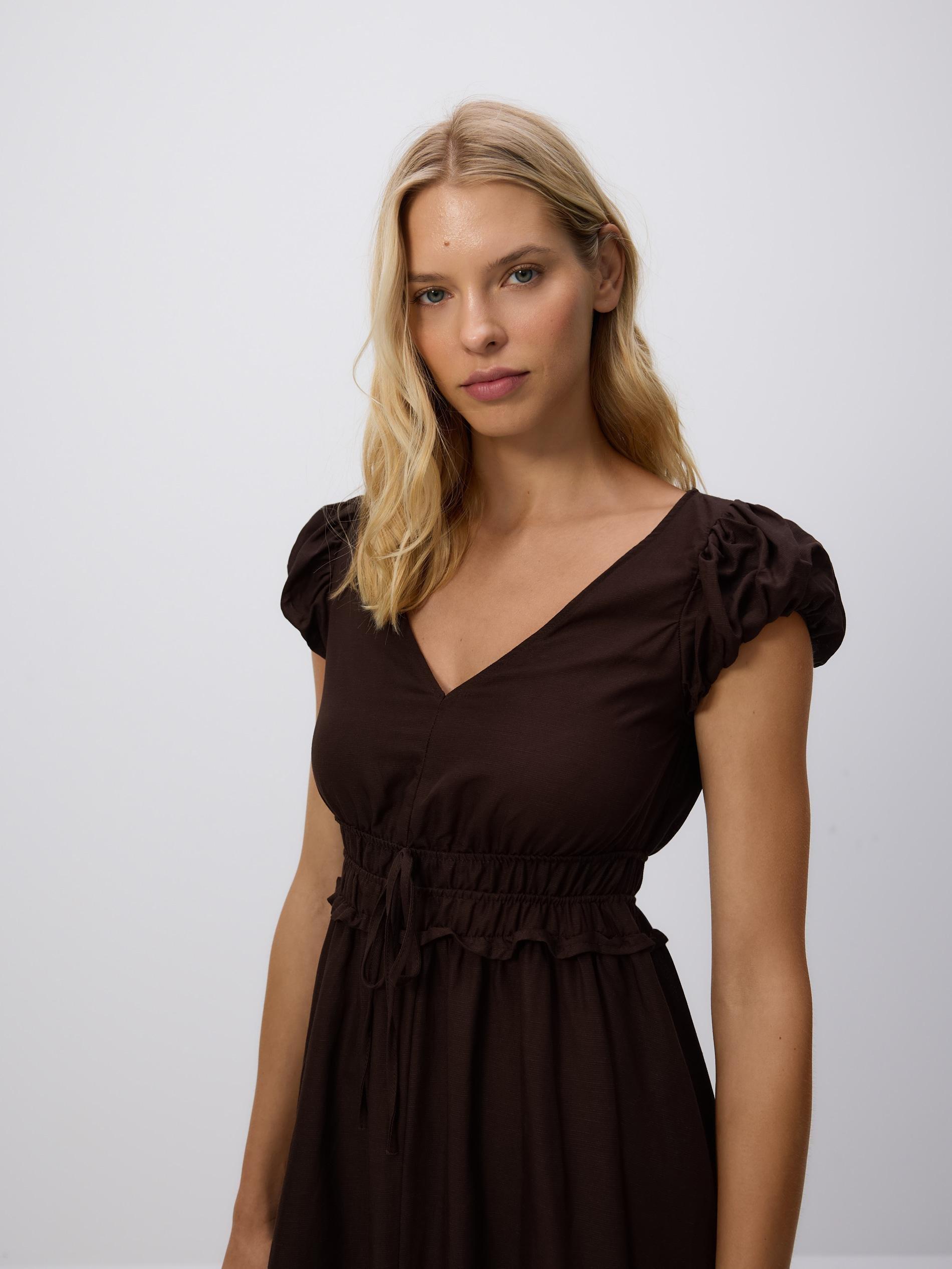 Brown Linen Blend Midi Dress, Brown, medium