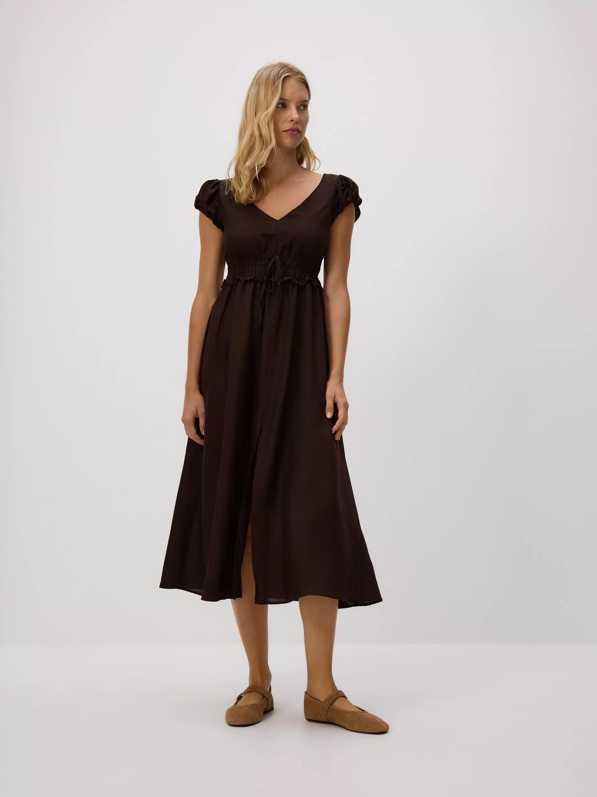 Brown Linen Blend Midi Dress, Brown, large image number 4