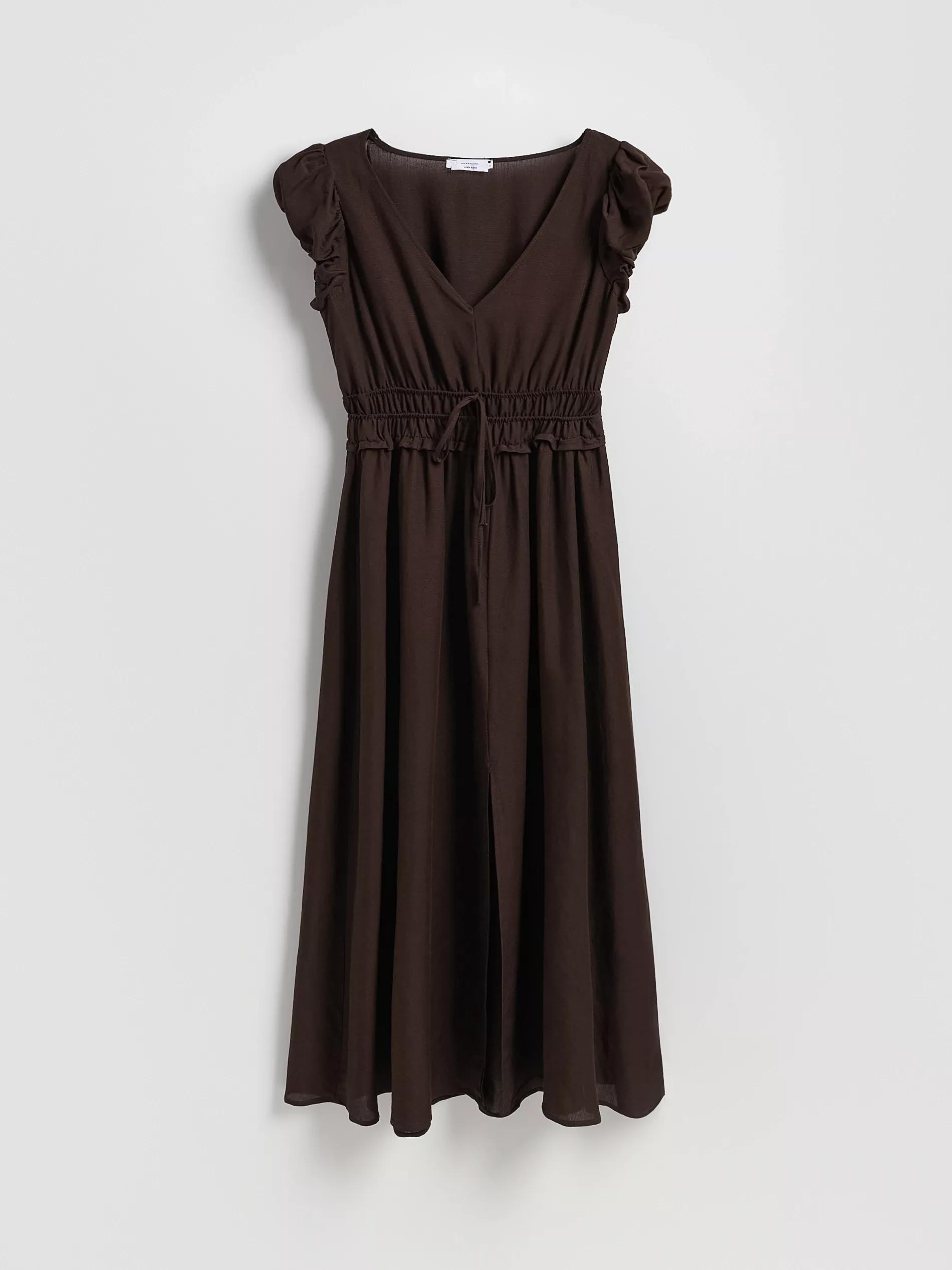 Brown Linen Blend Midi Dress, , large image number 5