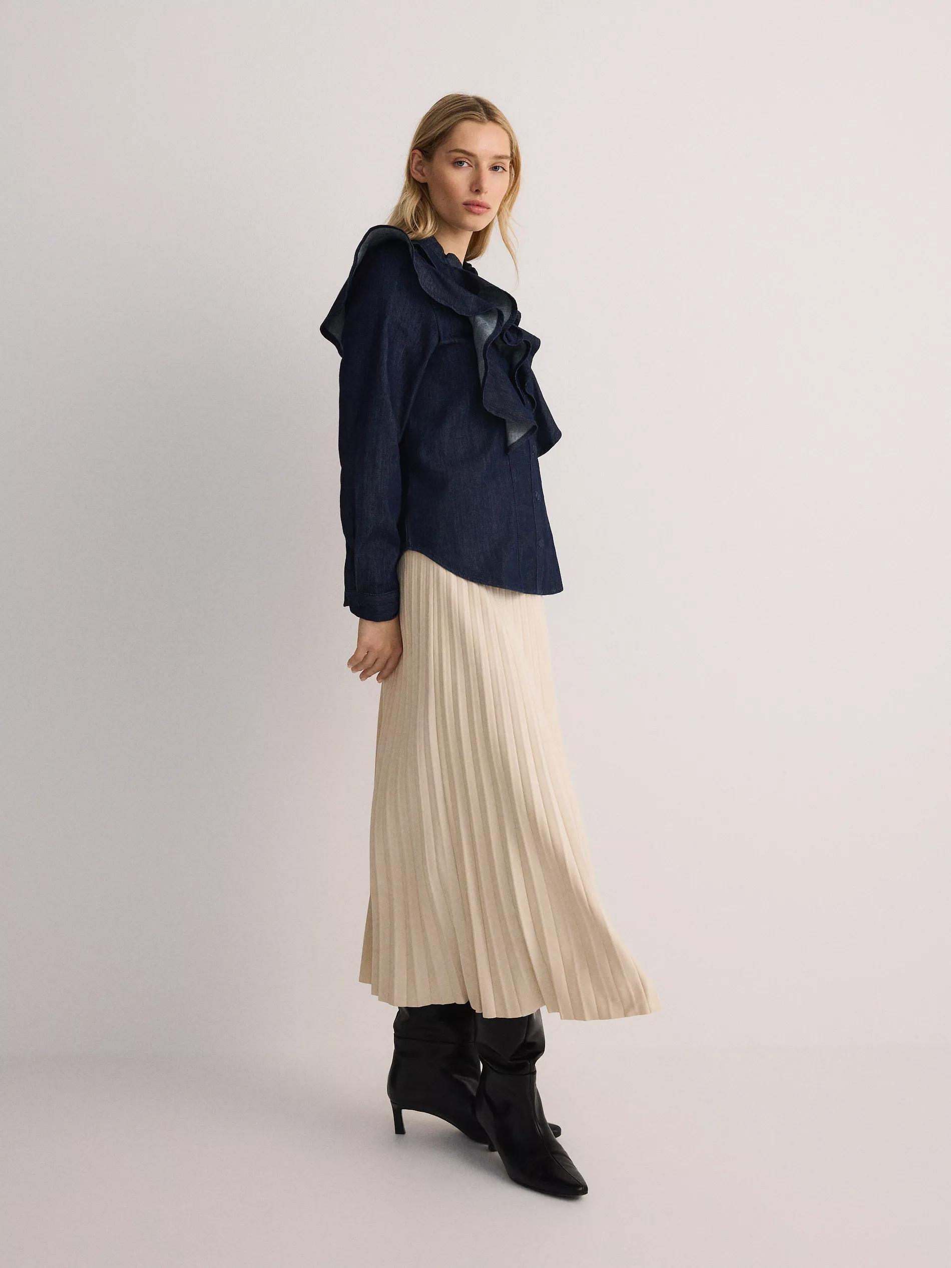 Cream Suede Imitation Pleated Skirt, , large image number 0