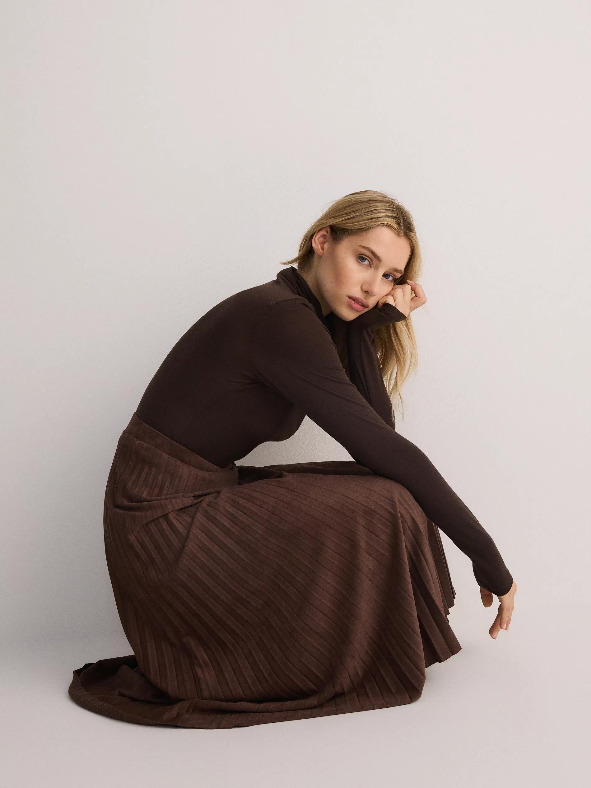 Brown Pleated Skirt, Made Of Eco-Leather, , large image number 2