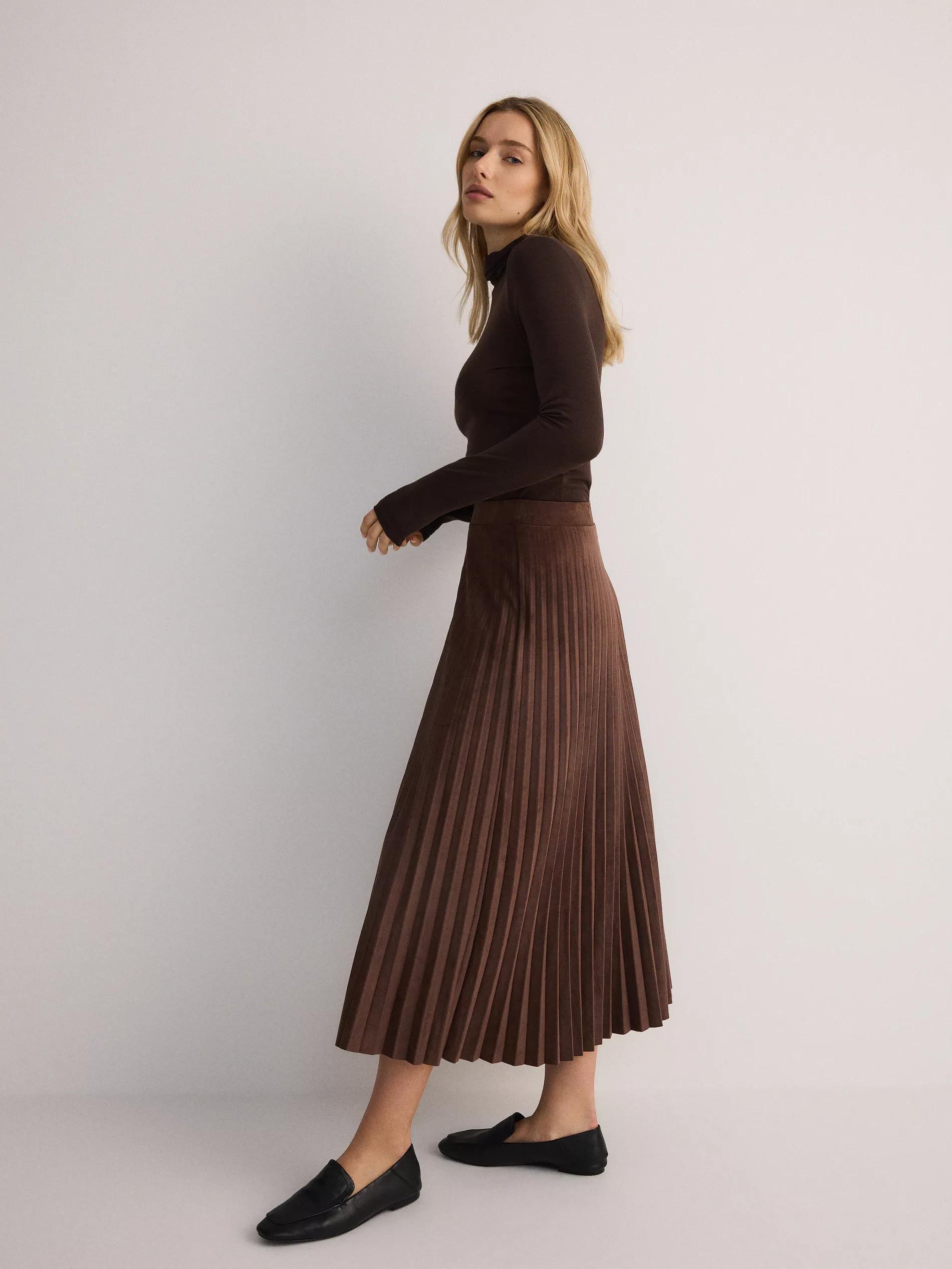 Brown Pleated Skirt, Made Of Eco-Leather, , large image number 3