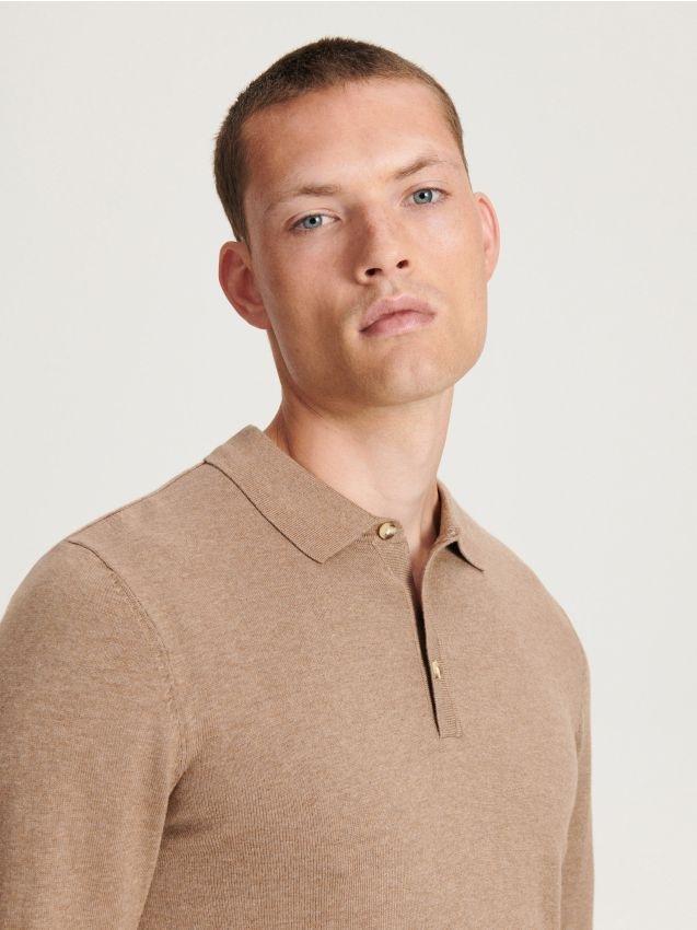 Beige Cotton Long Sleeve Polo Shirt, , large image number 0