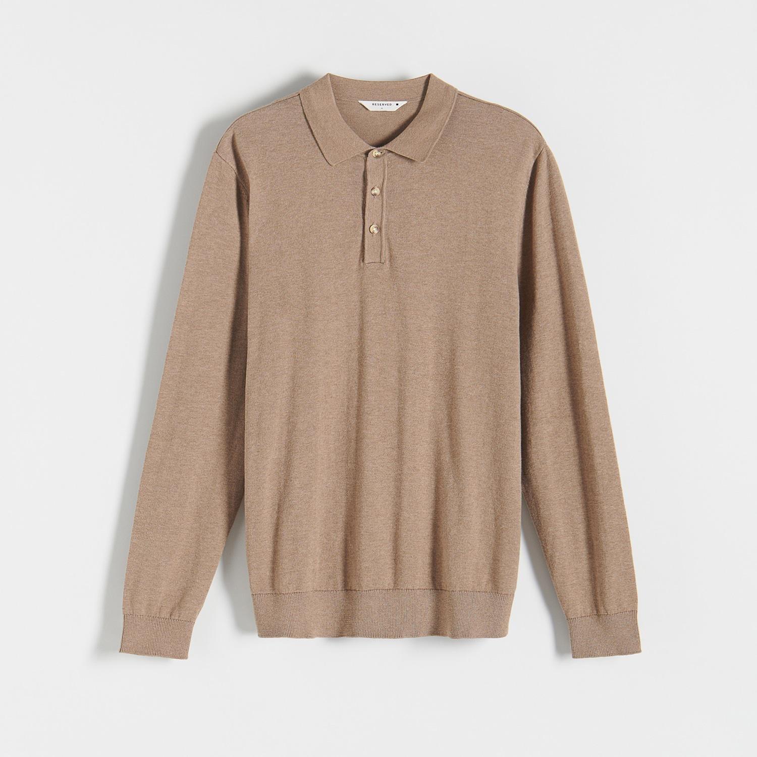 Beige Cotton Long Sleeve Polo Shirt, , large image number 1