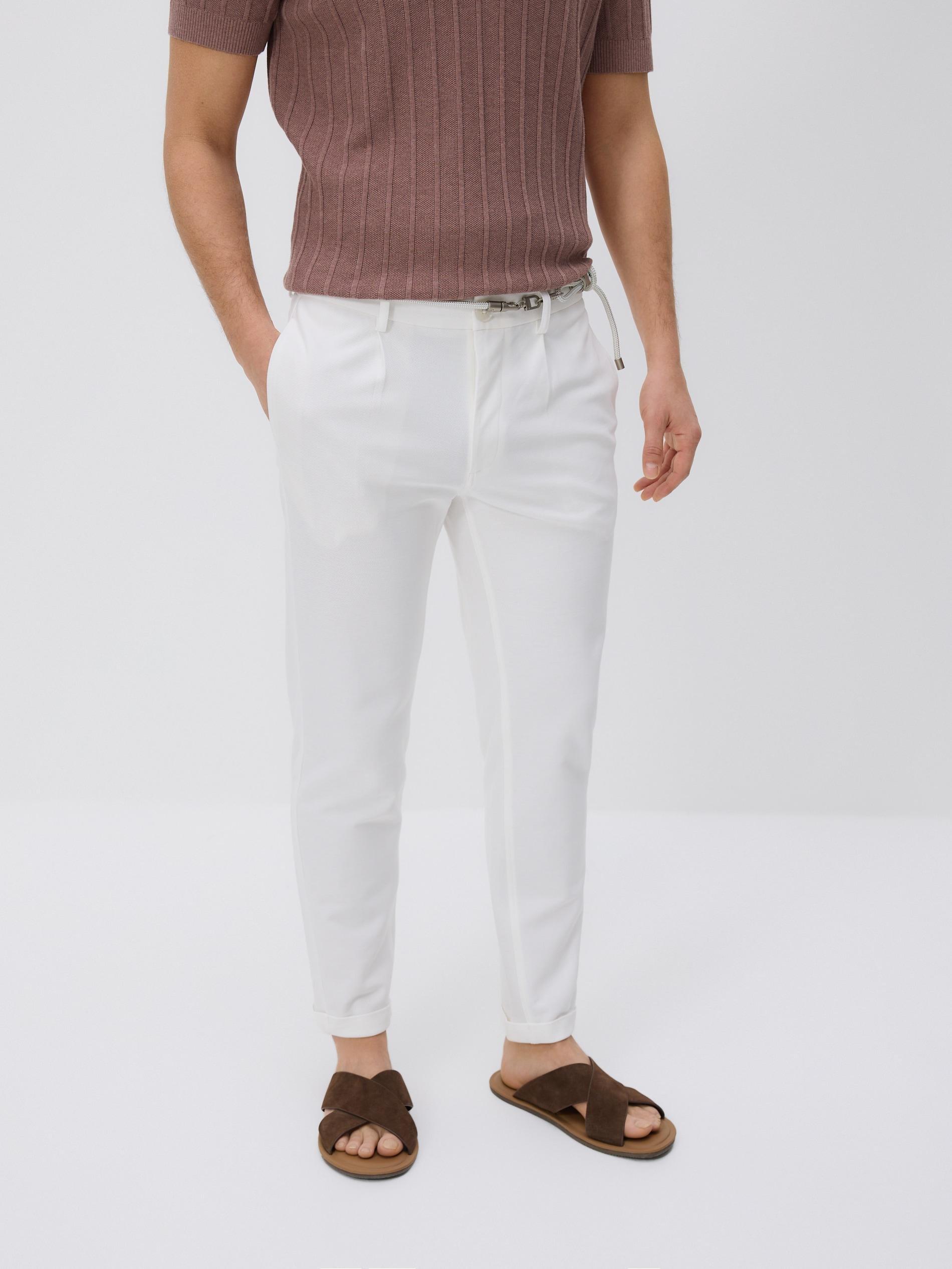 Cream Slim-Fit Trousers With Belt, Ivory, large image number 0