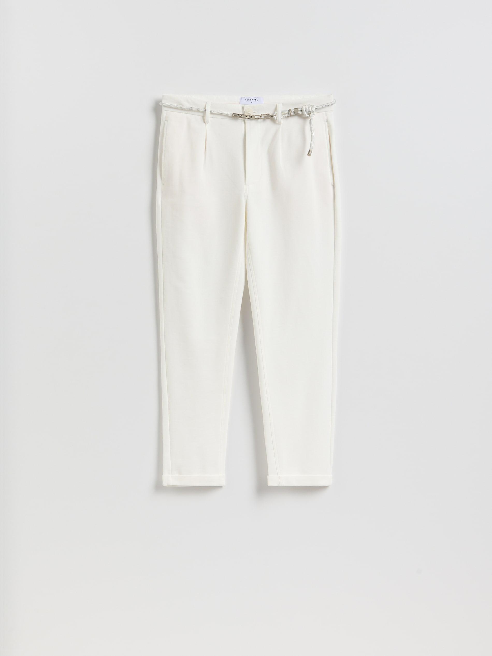 Cream Slim-Fit Trousers With Belt, Ivory, large image number 4