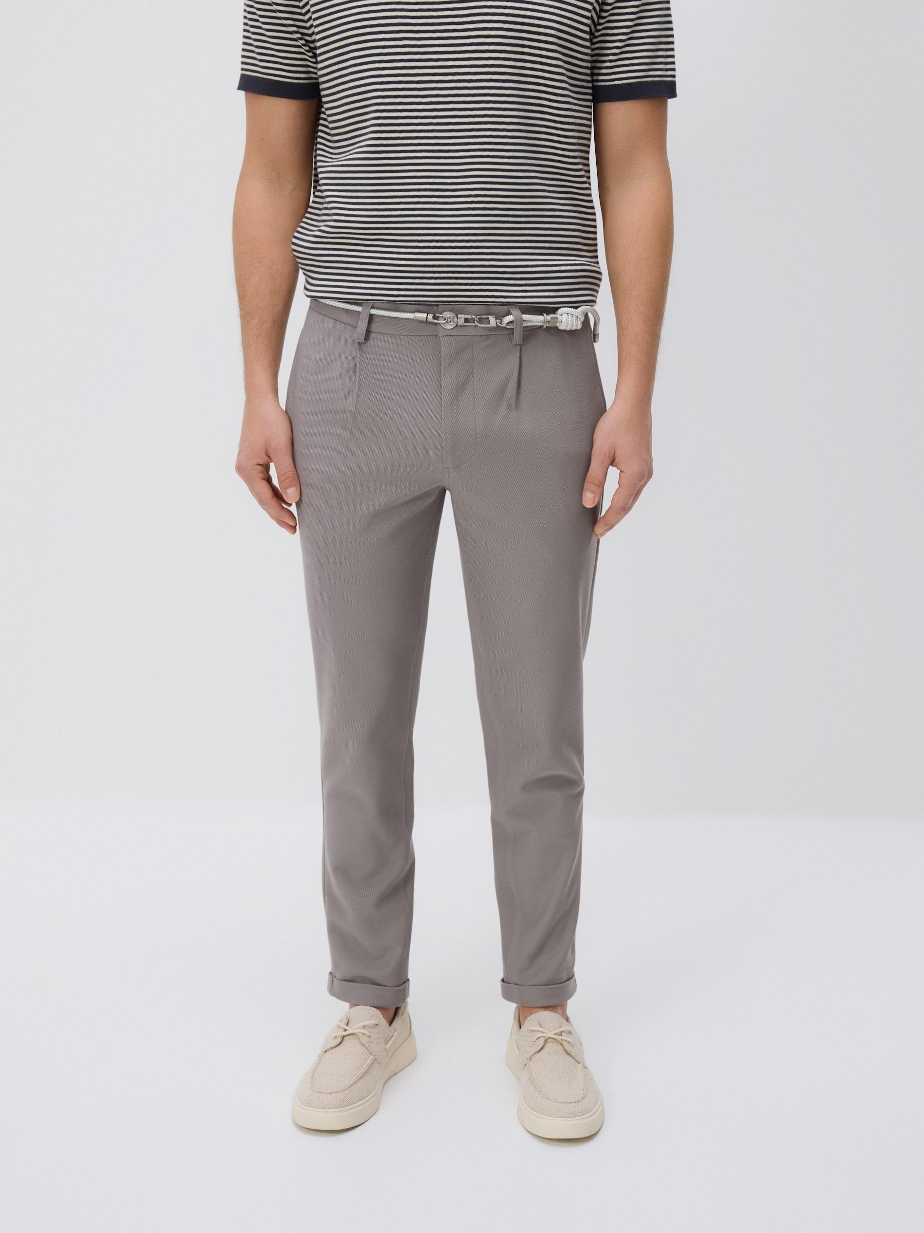 Beige Slim-Fit Trousers With Belt, Beige, large image number 1