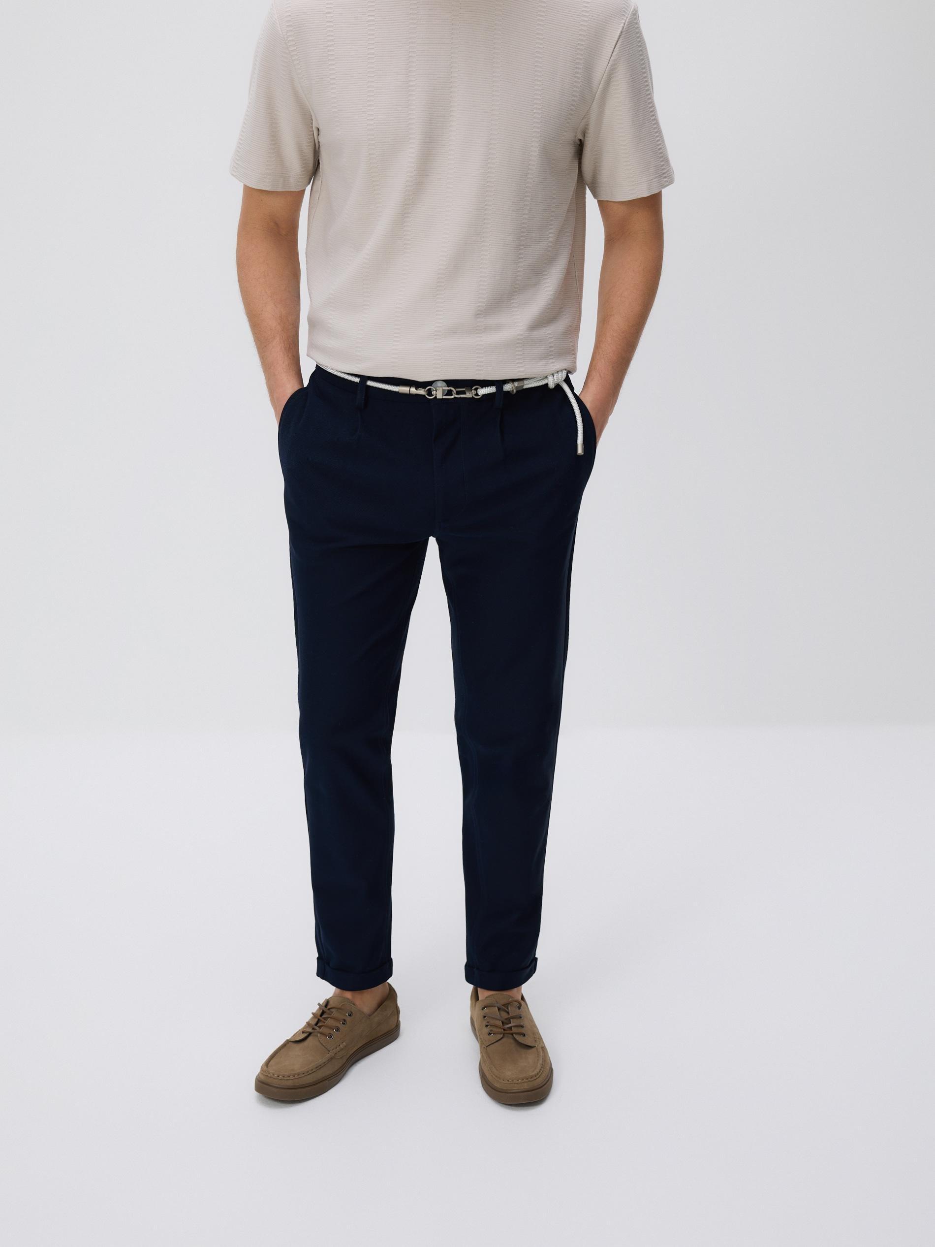 Navy Slim-Fit Trousers With Belt, Navy, large image number 0