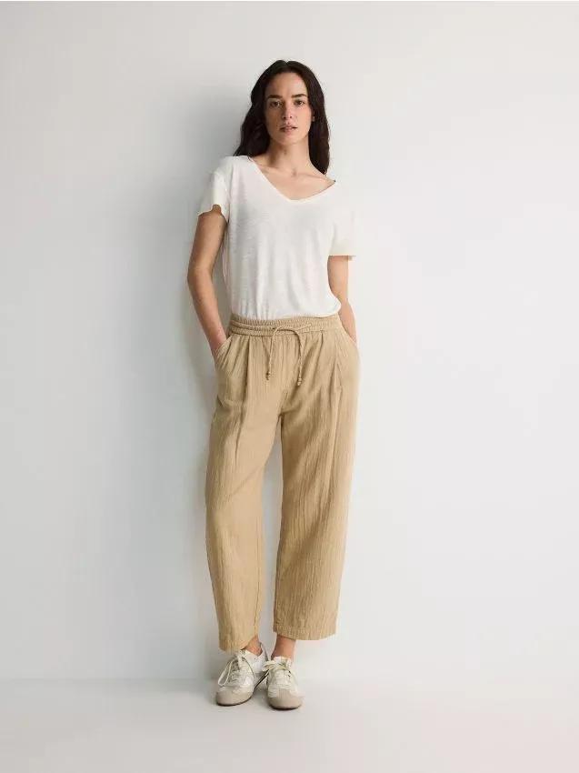 Beige Elastic Waist Casual Trousers, , large image number 0