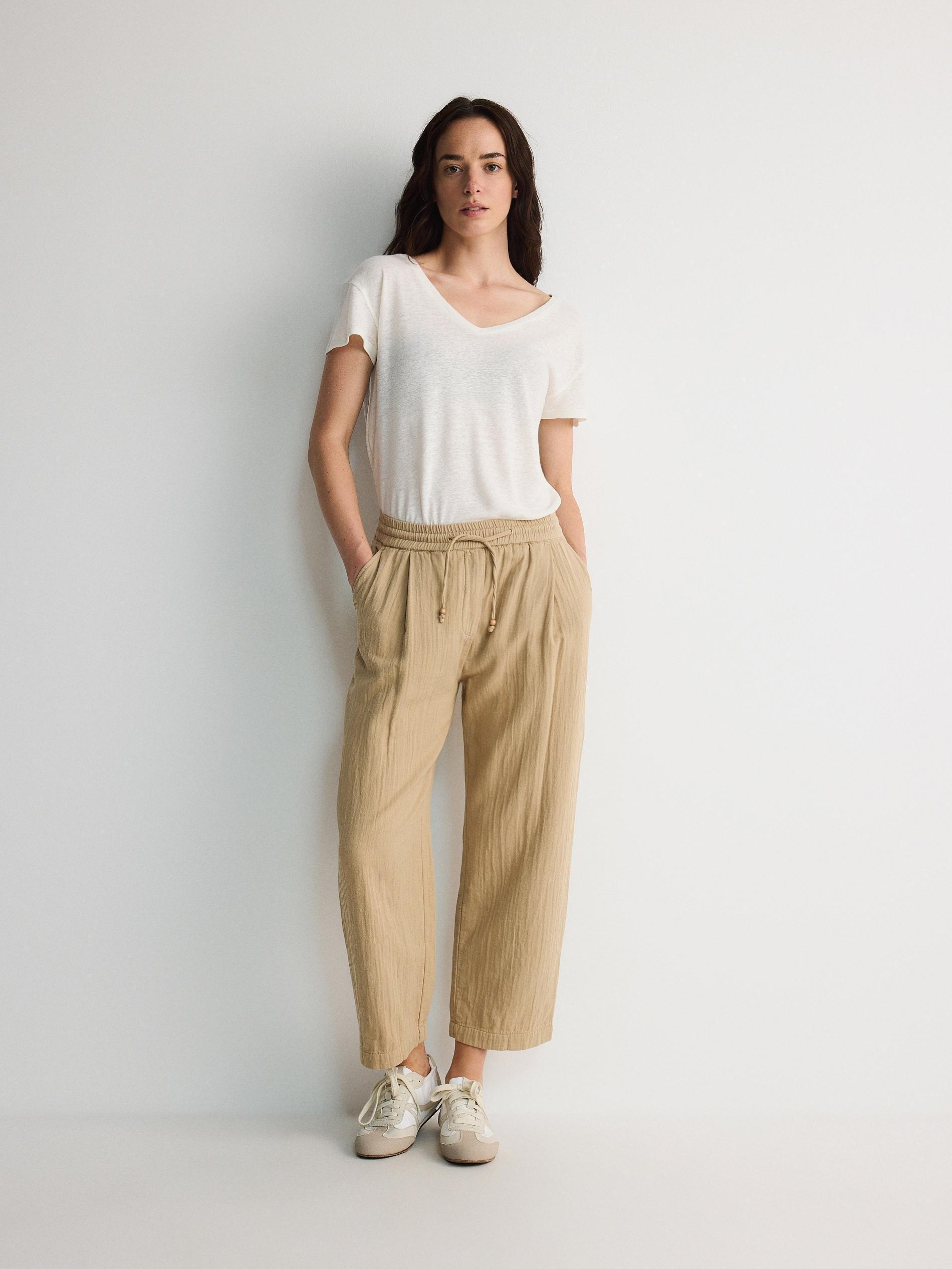 Beige Elastic Waist Casual Trousers, , large image number 1