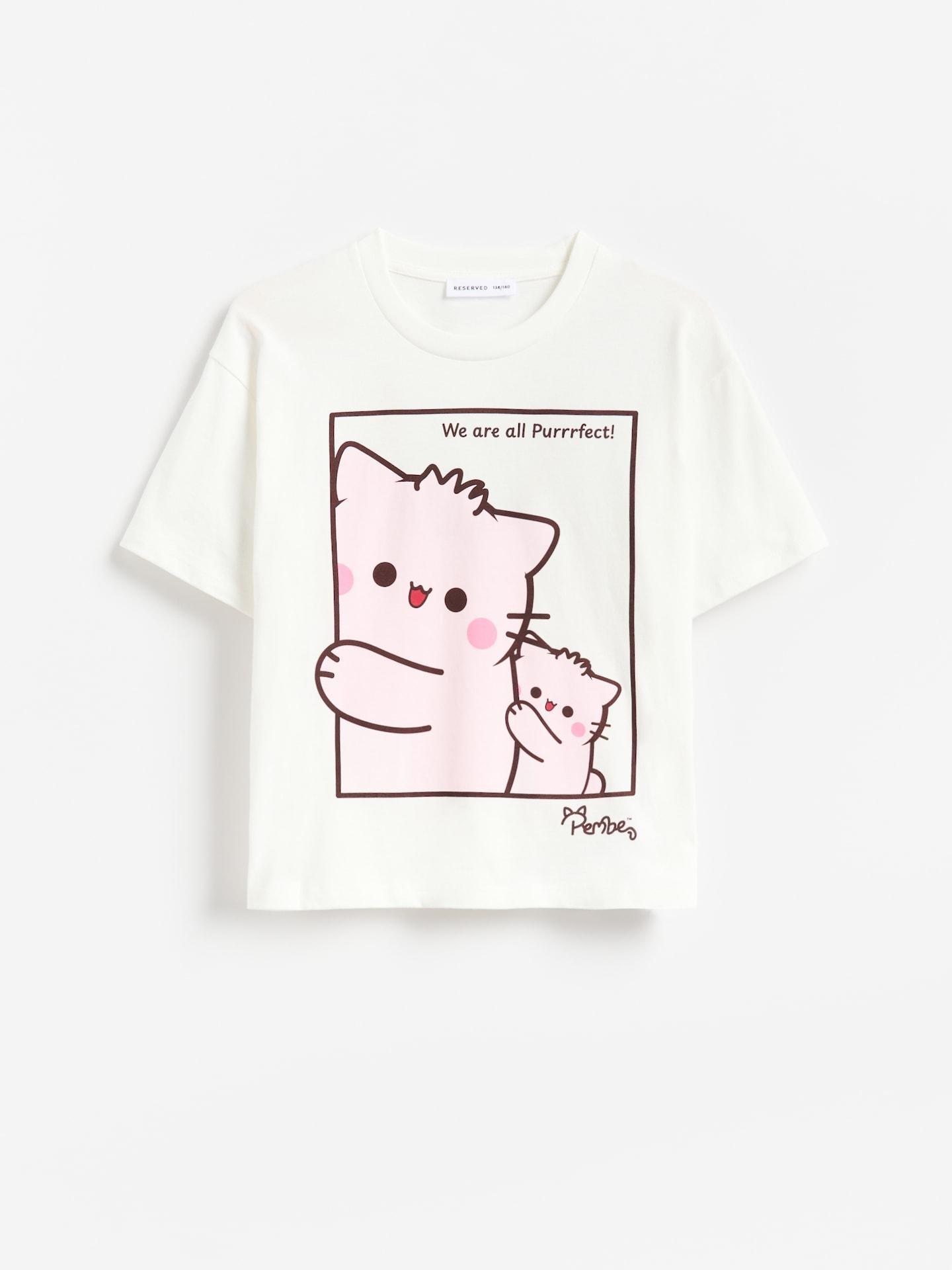 Cream Pembe The Pink Cat Printed T-Shirt, Ivory, medium