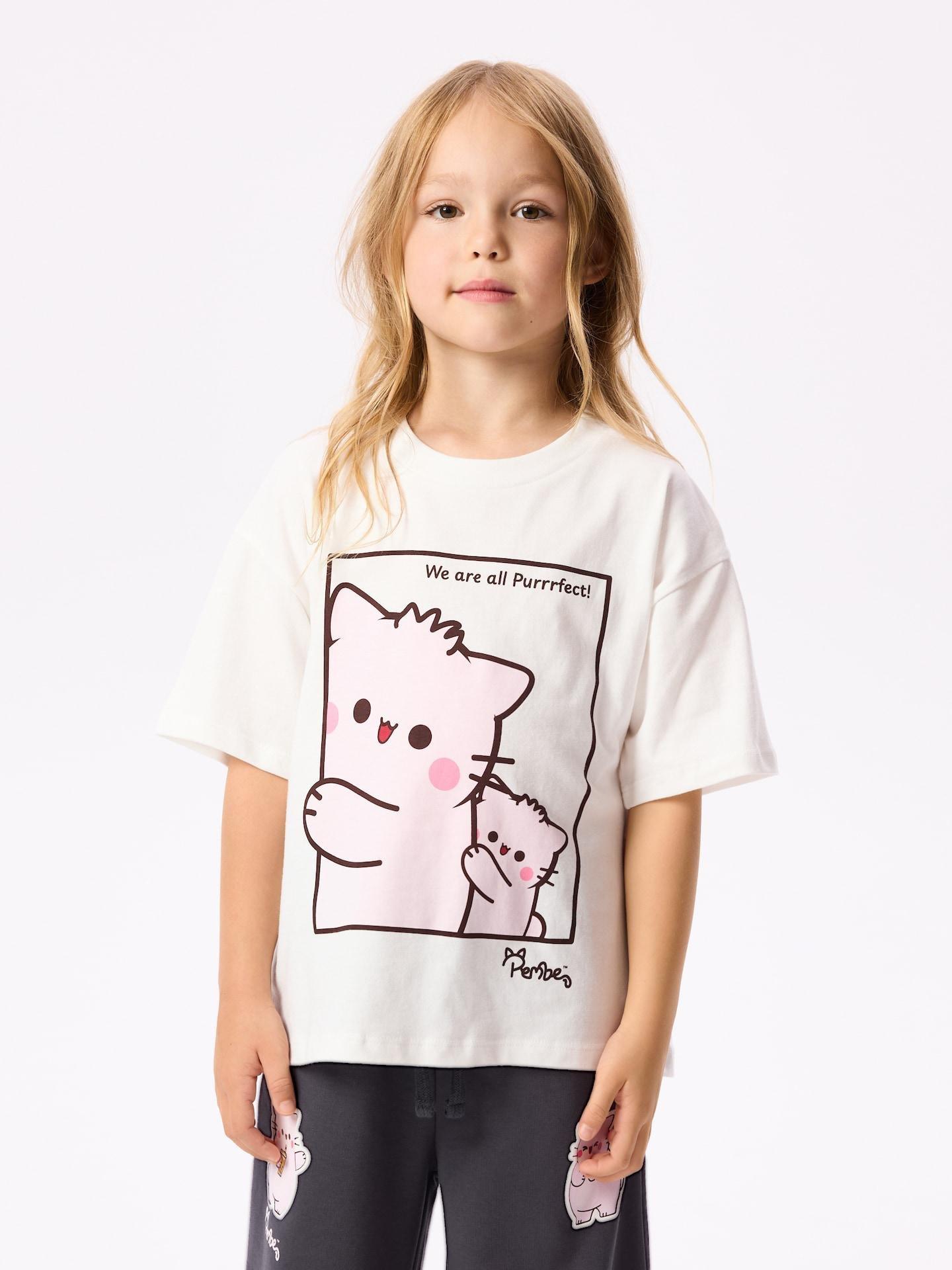 Cream Pembe The Pink Cat Printed T-Shirt, Ivory, medium