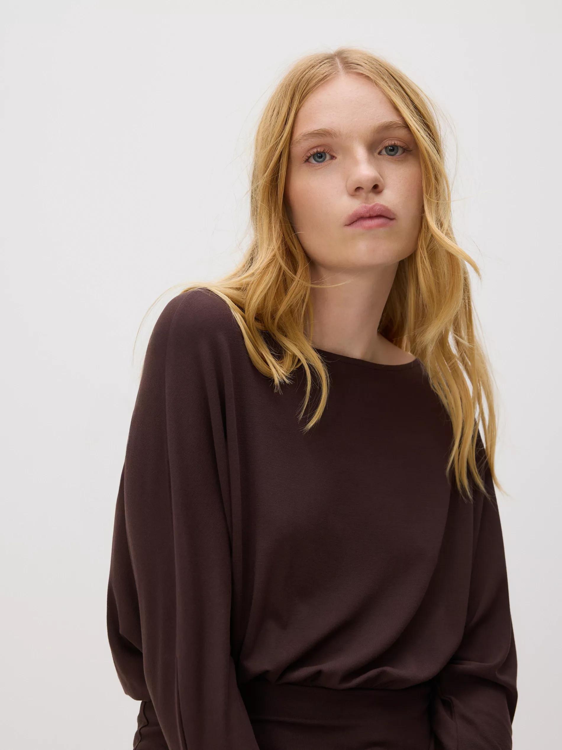 Brown Viscose Rich Long Sleeve T-Shirt, Brown, large image number 3