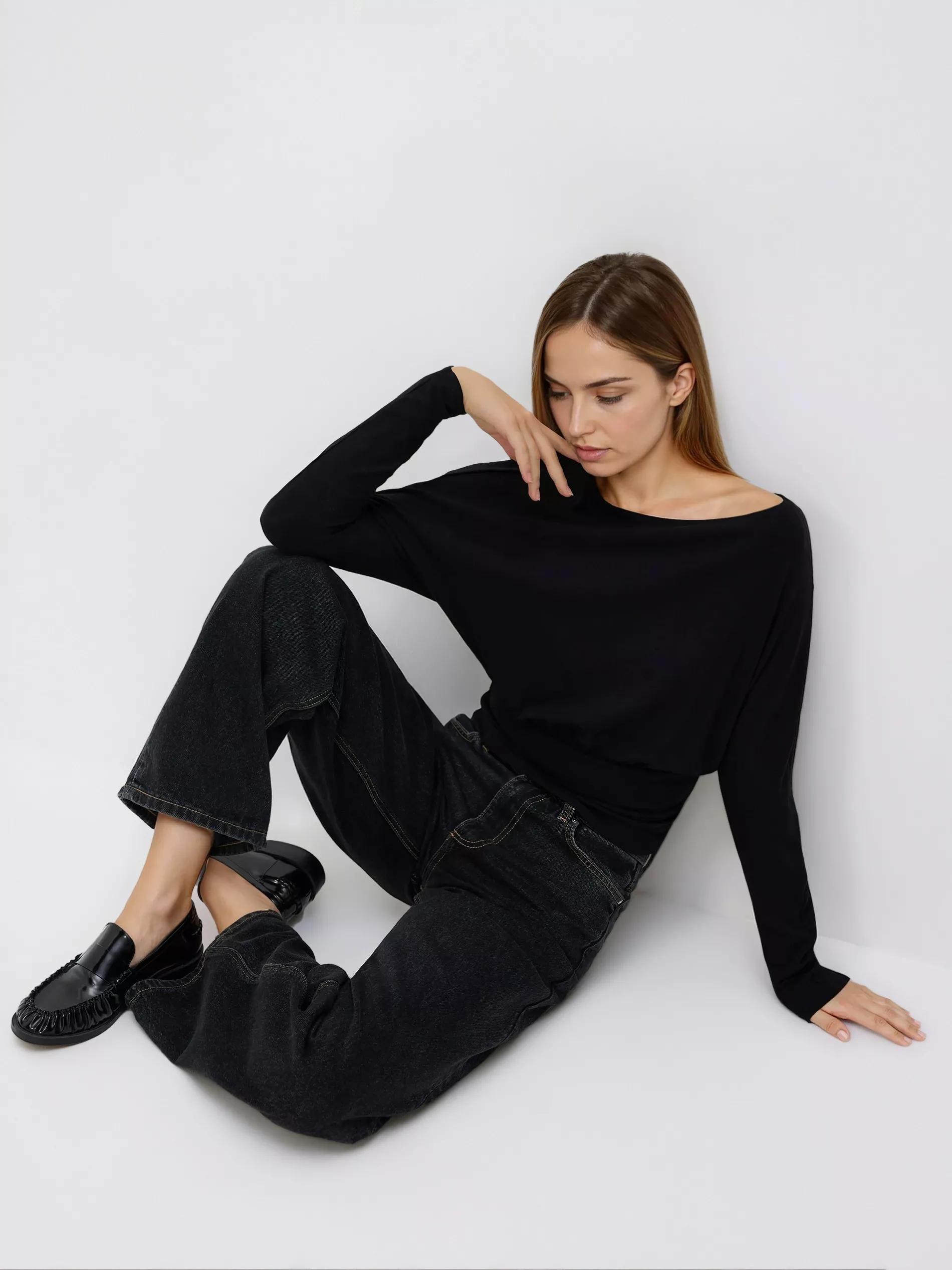 Black Viscose Rich Long Sleeve T-Shirt, Black, large image number 1