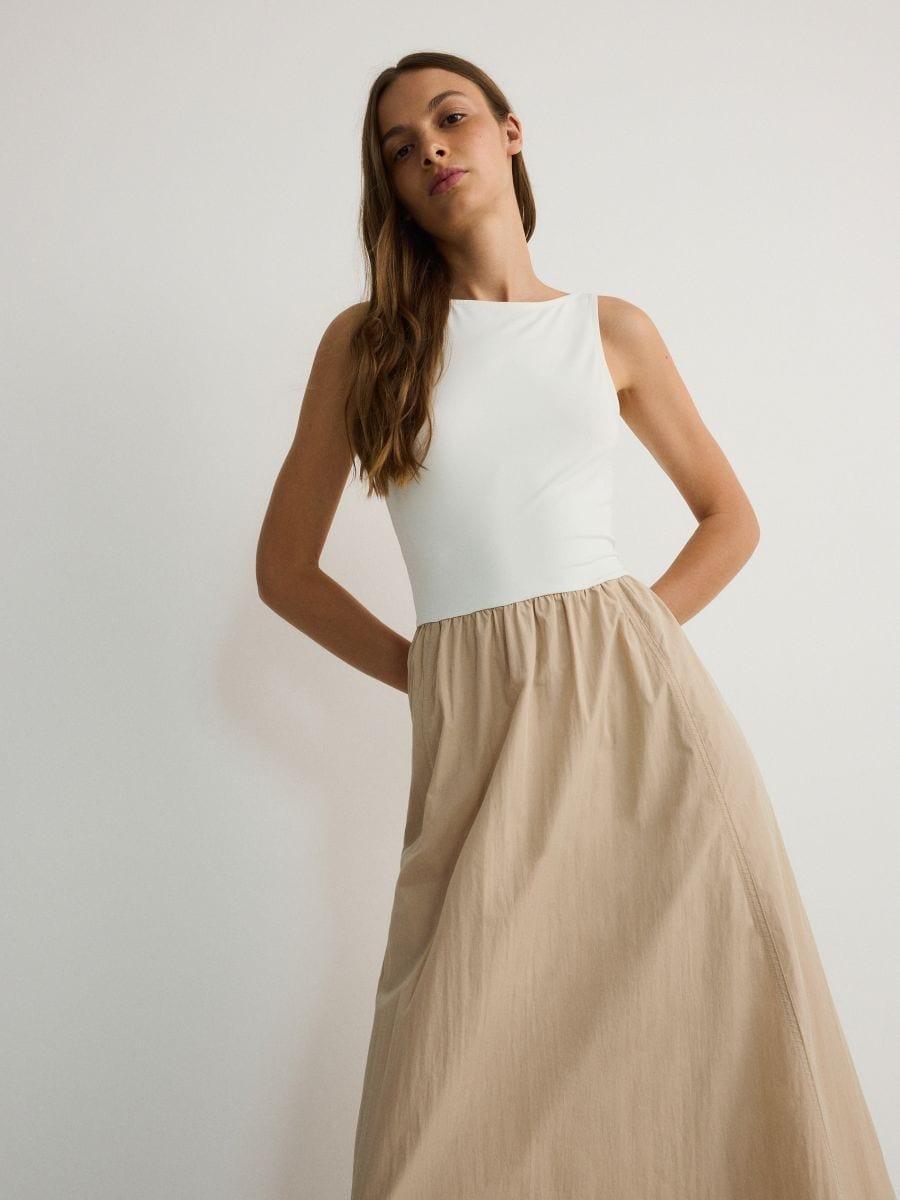 Cream Dress Made Of Material Mix, , large image number 1