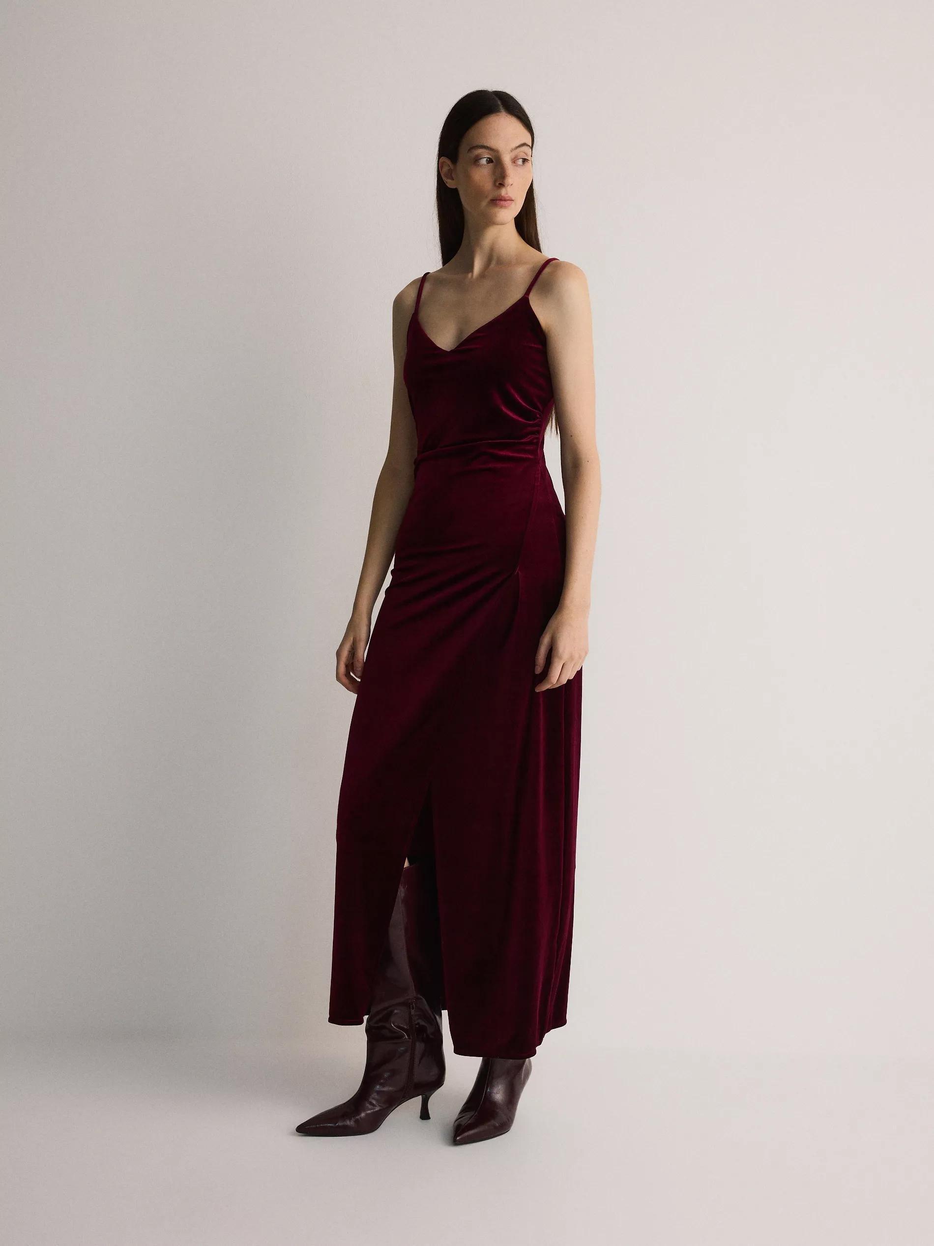 Maroon Velvet Strap Dress, , large image number 0